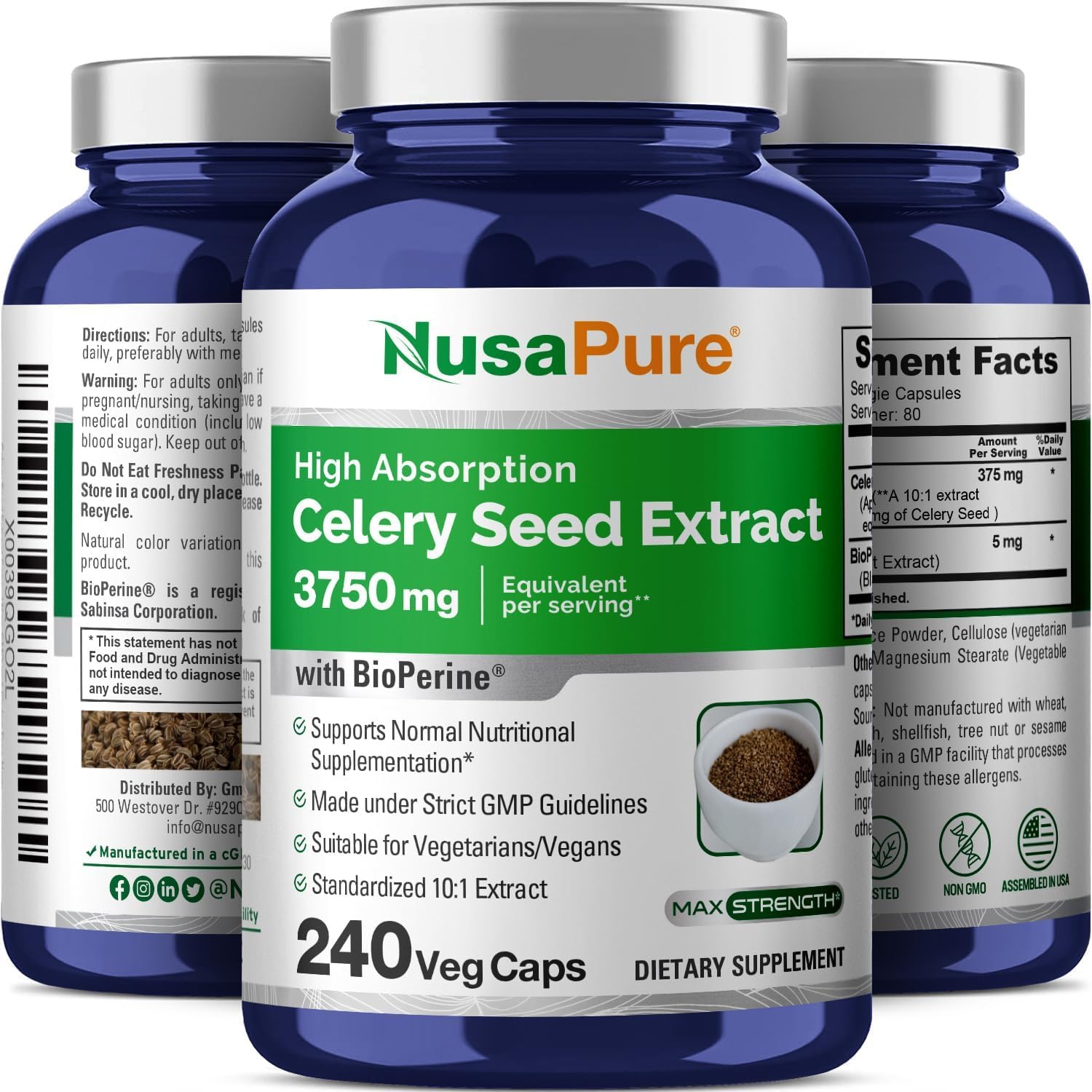 NusaPure Celery Seed Capsules 10:1 Extract, 375 mg Equivalent to 3750mg, 240 Veggie Caps, Non-GMO, Vegan NusaPure buy supplements canada