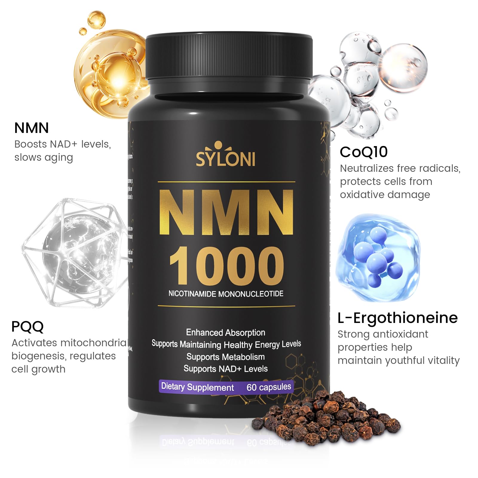 Syloni NMN Supplement 1000mg, 99% Pure NMN 4-in-1 NAD+ Booster with PQQ, CoQ10, L-Ergothioneine, 60 Capsules Nicotinamide Mononucleotide - Anti-Aging, Energy Boost, DNA Repair for Adults, Vegan Syloni buy supplements canada
