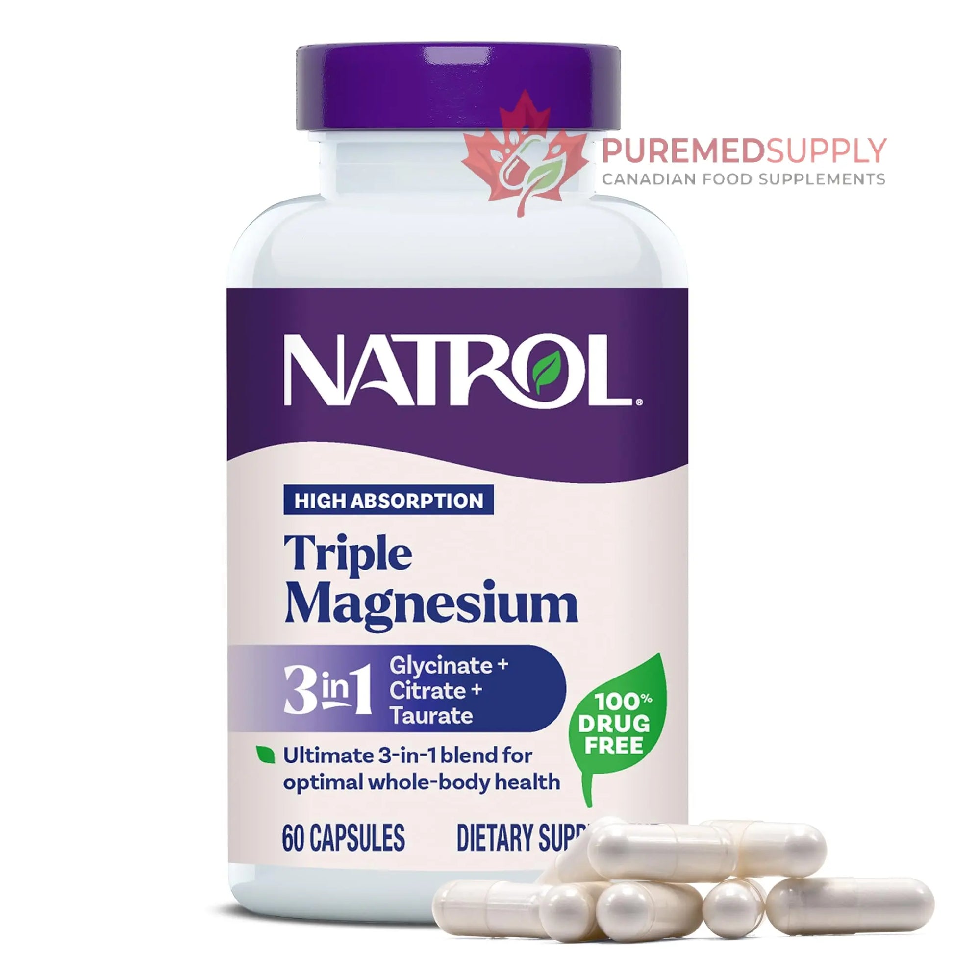 Natrol Triple Magnesium Complex Supplement, Glycinate, Citrate & Taurate 200mg High Absorption, Support Whole Body Wellness, 60 Capsules Natrol buy supplements canada