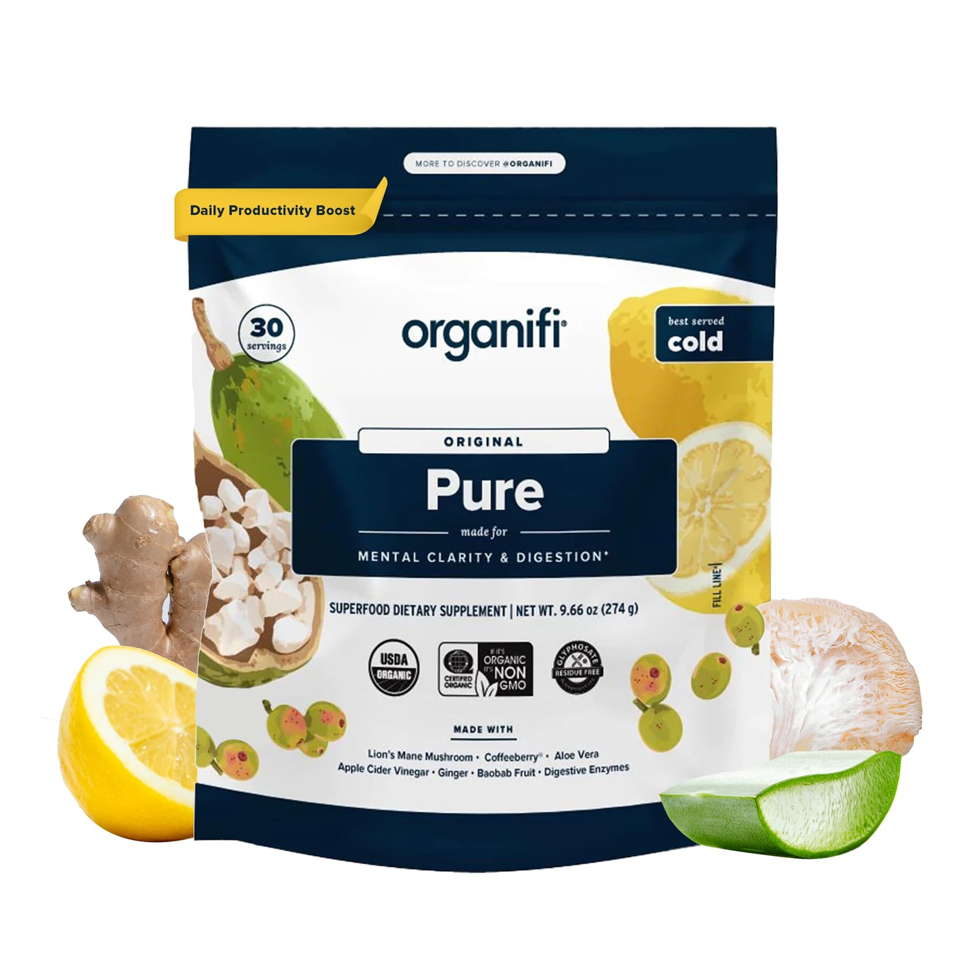 Organifi Pure - Promotes Stimulation in Learning, Memory, Focus, and Clarity - Brain Support with Superfoods - Gluten-Free and Non GMO - Best Served Cold, 30 Servings Organifi buy supplements canada