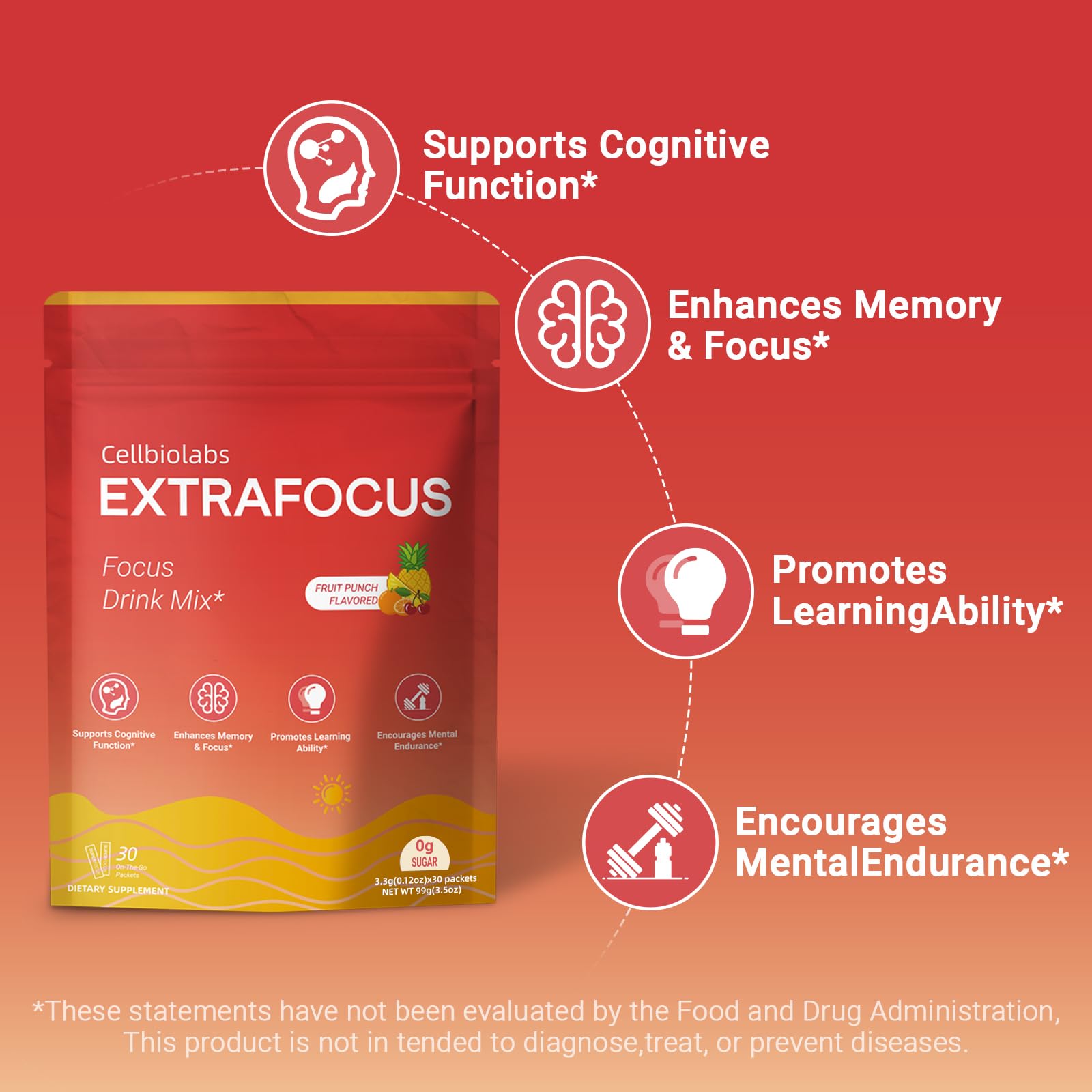 Nootropic Extra Focus Drink Mix, 30 Packs On-The-Go Sticks, Featuring Alpha-GPC, Lion's Mane & Rhodiola, Sugar-Free Packets Fruit Punch Clean Drink Mix Cellbiolabs buy supplements canada