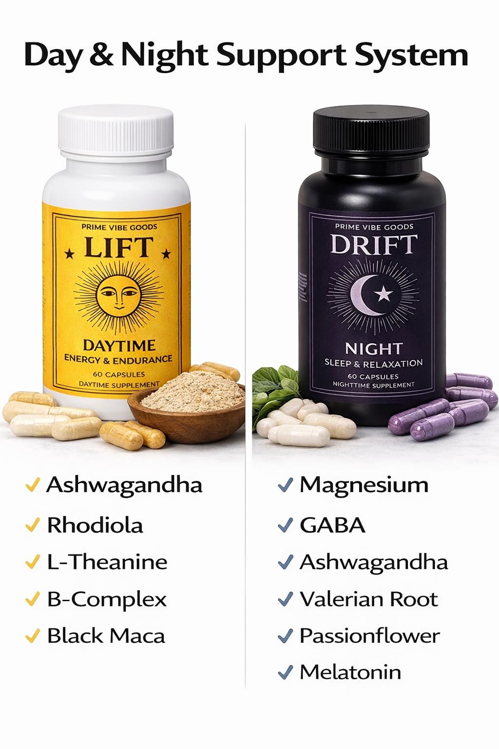 Prime Vibe Goods Lift & Drift – Energy & Stress Support Supplement – Adaptogens for Focus, Relaxation & Sleep – Ashwagandha, Magnesium, Rhodiola, GABA, Maca – Vegan (2-Pack, 120 Capsules) Prime Vibe Goods buy supplements canada