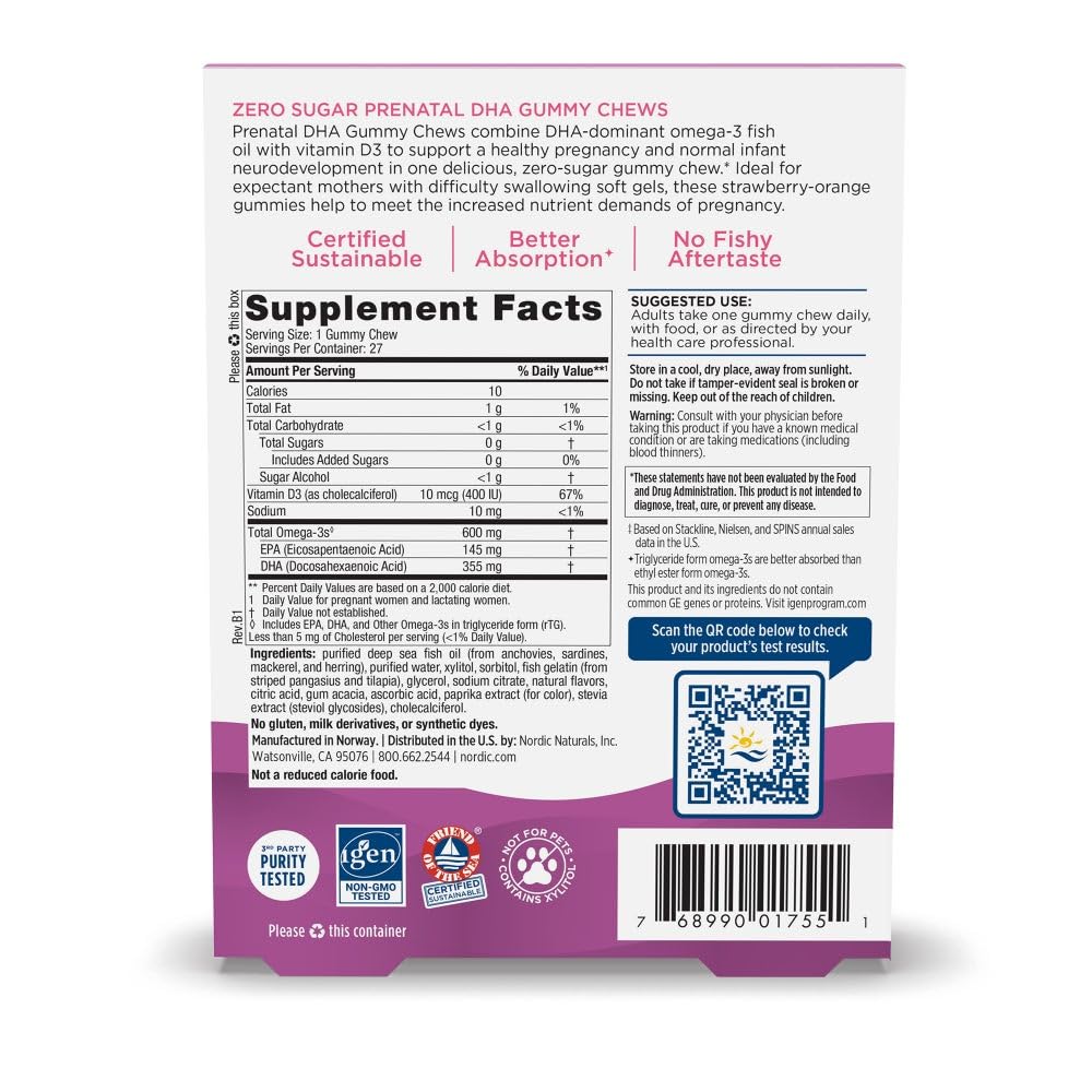 Nordic Naturals Zero Sugar DHA Prenatal Vitamin Gummies, Strawberry Orange Flavor - 27 Gummies - Supplements for Pregnancy - 600 mg Omega-3 Fish Oil and 400 IU Vitamin D3-27 Servings Nordic Naturals buy supplements canada