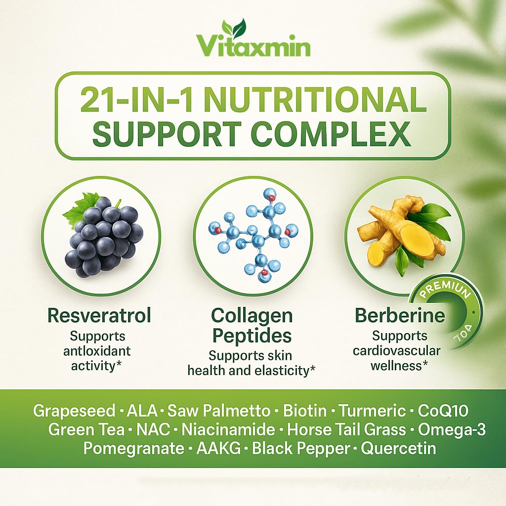 vitaxmin NAD Resveratrol Supplement 200mg with Berberine NAC Collagen - Nicotinamide Riboside NMN NADH CoQ10 Biotin Hyaluronic Acid - Hair Skin Nails Supplement - 60 Capsules vitaxmin buy supplements canada