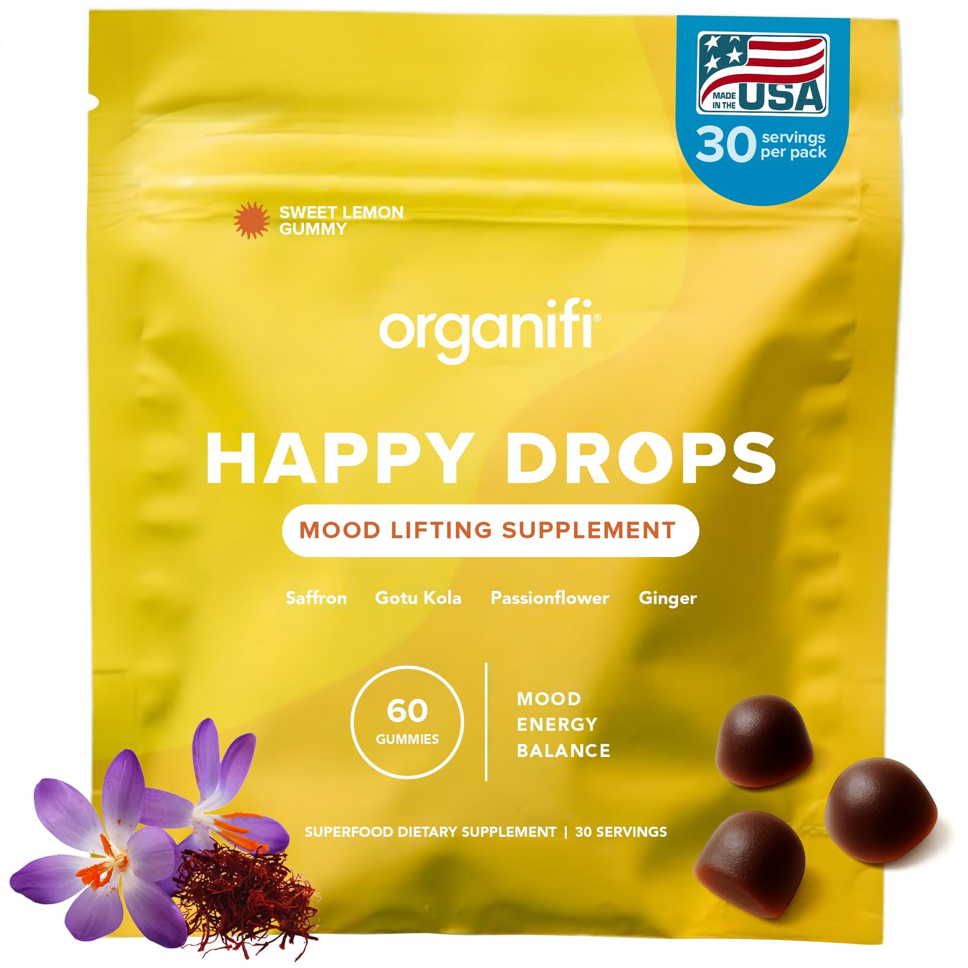 Organifi Happy Drops - Daily Superfood Happy Gummies for Adults - Mood Support Supplement for Balance, Bliss, Energy and Taking the Edge Off - Sweet Lemon Flavor - 60 Gummies Organifi buy supplements canada