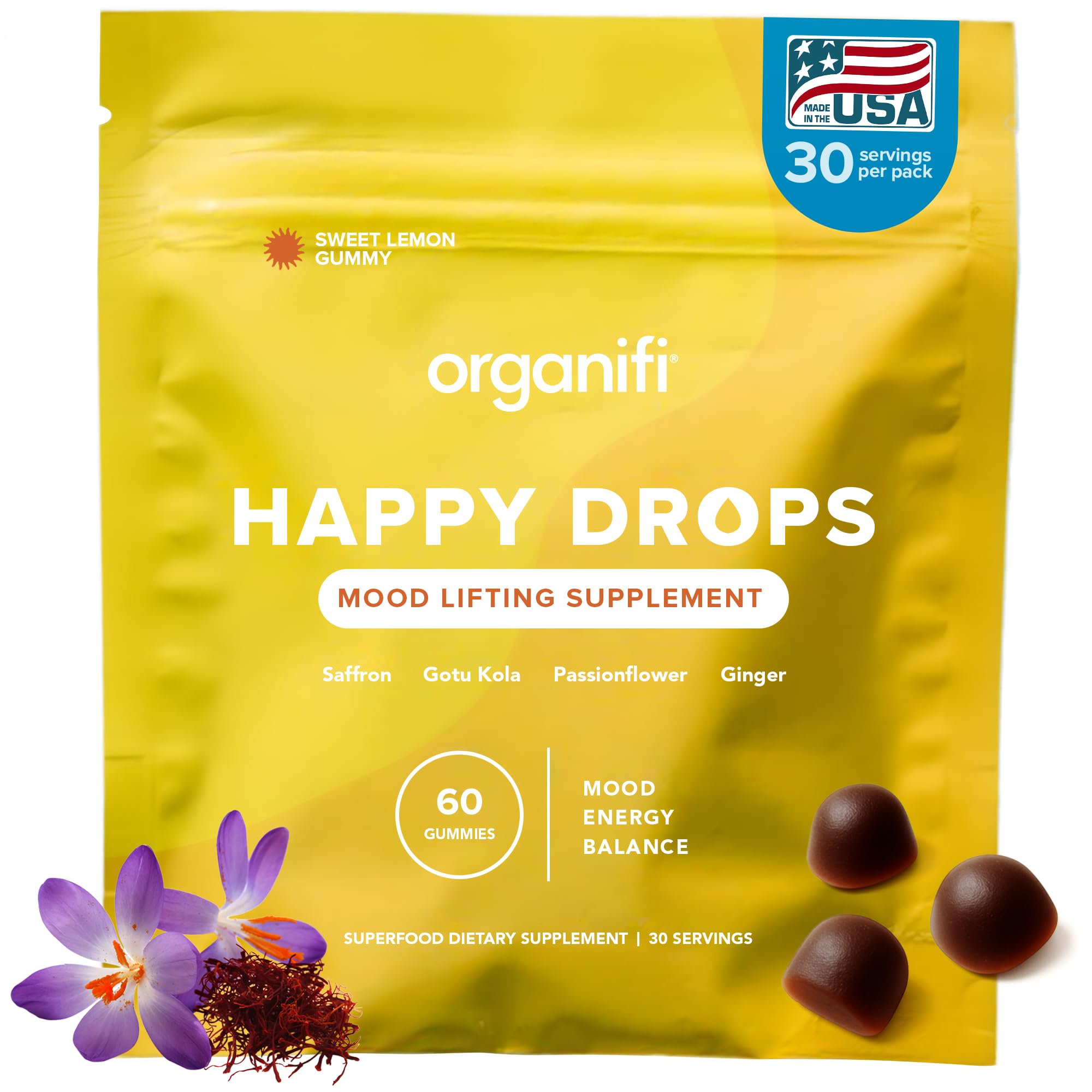 Organifi Happy Drops - Daily Superfood Happy Gummies for Adults - Mood Support Supplement for Balance, Bliss, Energy and Taking the Edge Off - Sweet Lemon Flavor - 60 Gummies Organifi buy supplements canada