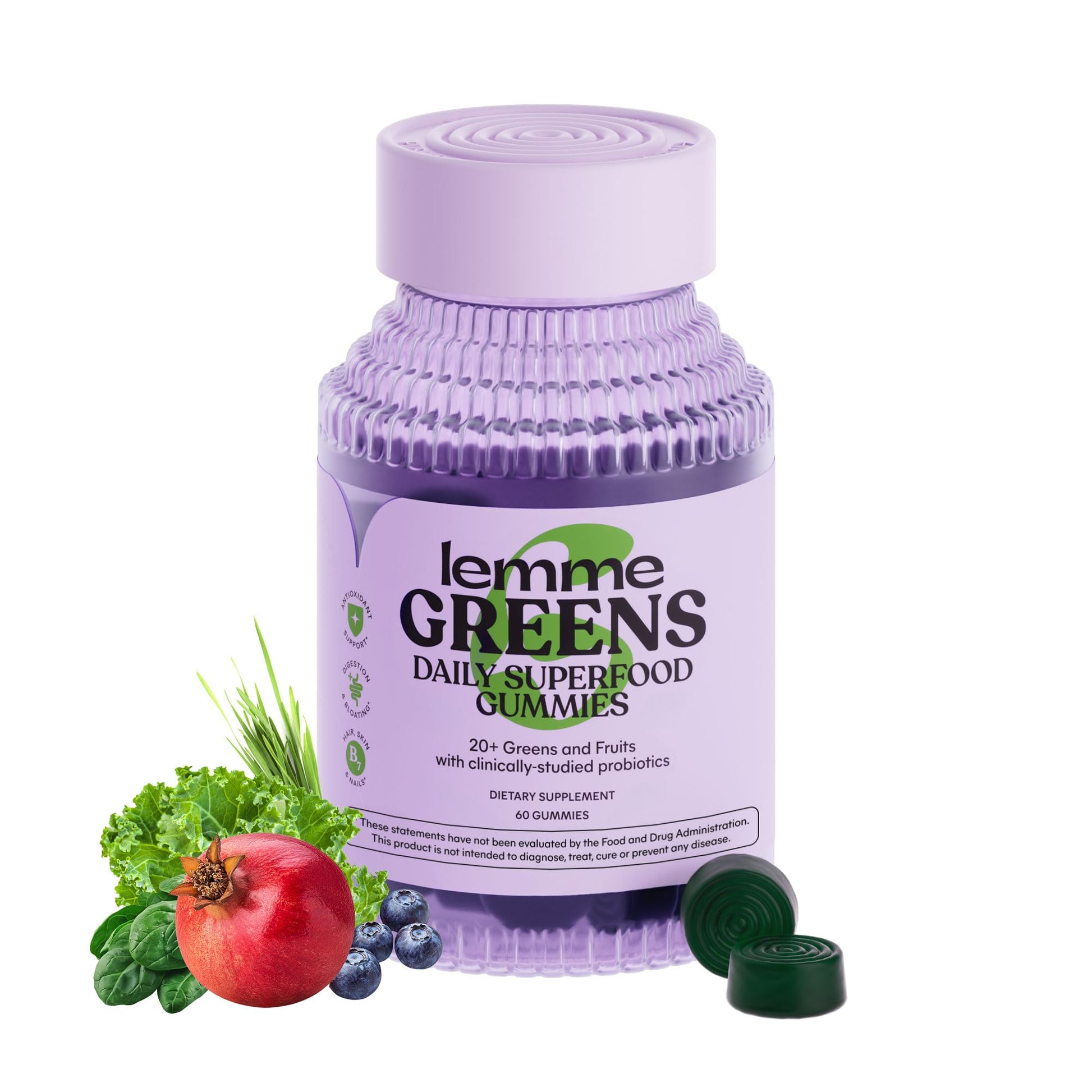 Lemme Greens Superfood Gummies w/Multi - Support Gut Health & Reduce Bloating, 20+ Organic Greens and Superfruits, Clinically Studied Probiotics, D3, B12 - Berries & Greens Flavored (60 Count) Lemme buy supplements canada
