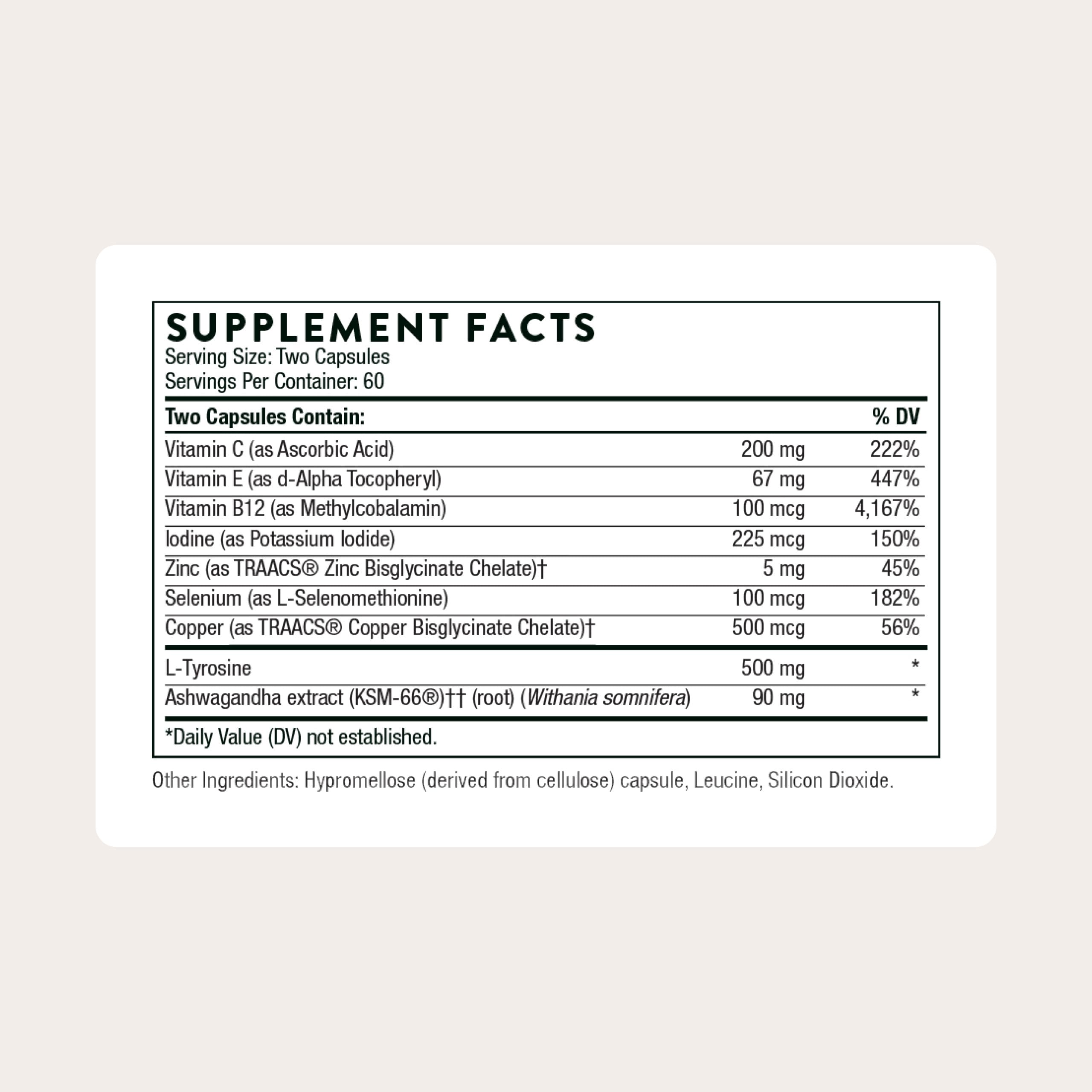 THORNE - Thyroid Health Complex (Formerly Thyrocsin) - Thyroid Cofactors for Thyroid Function Support* - Vitamins B12, C & E, Ashwagandha, Iodine, Zinc, Selenium, Copper & L-Tyrosine - 60 Servings THORNE buy supplements canada