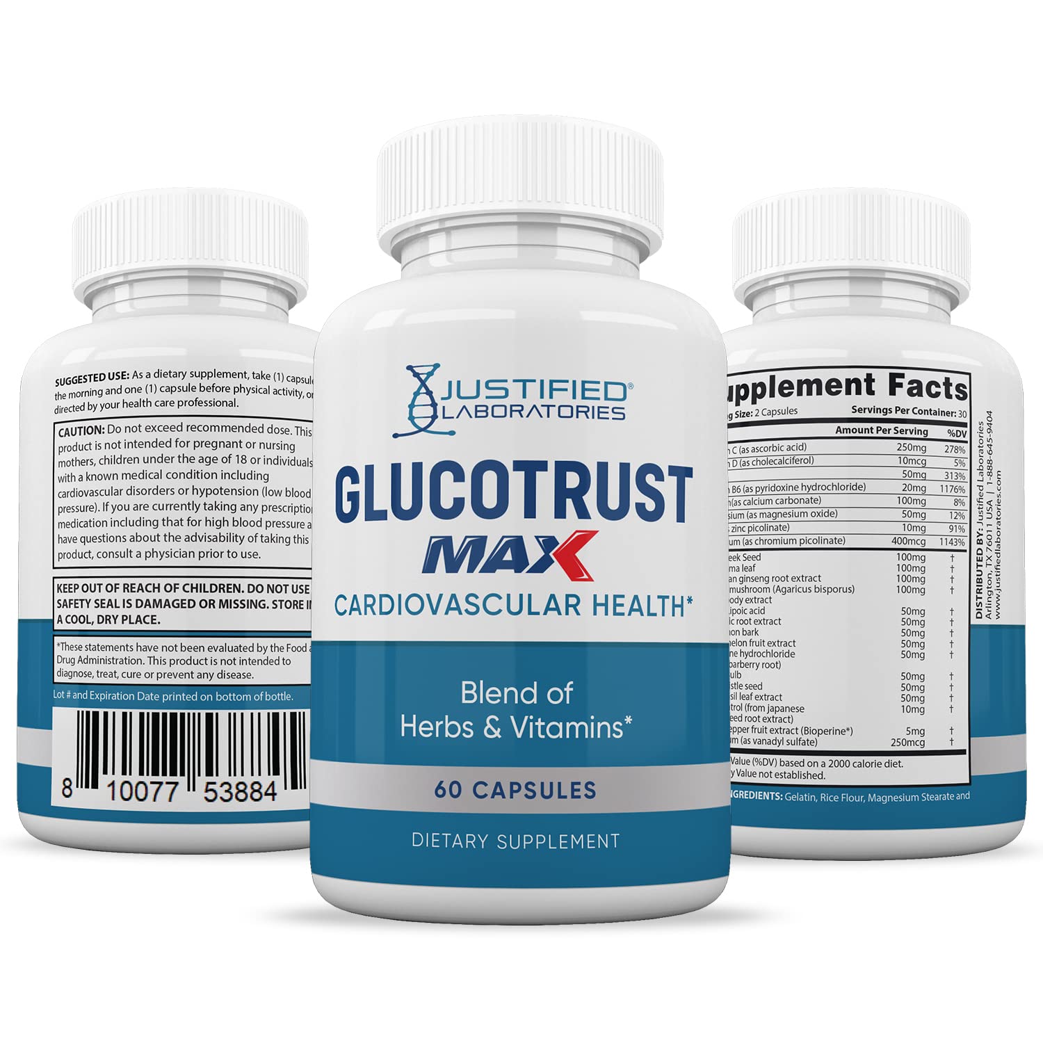 Justified Laboratories (5 Pack) Glucotrust Max 1295MG Formula Supplement Pills 300 cap Justified Laboratories buy supplements canada