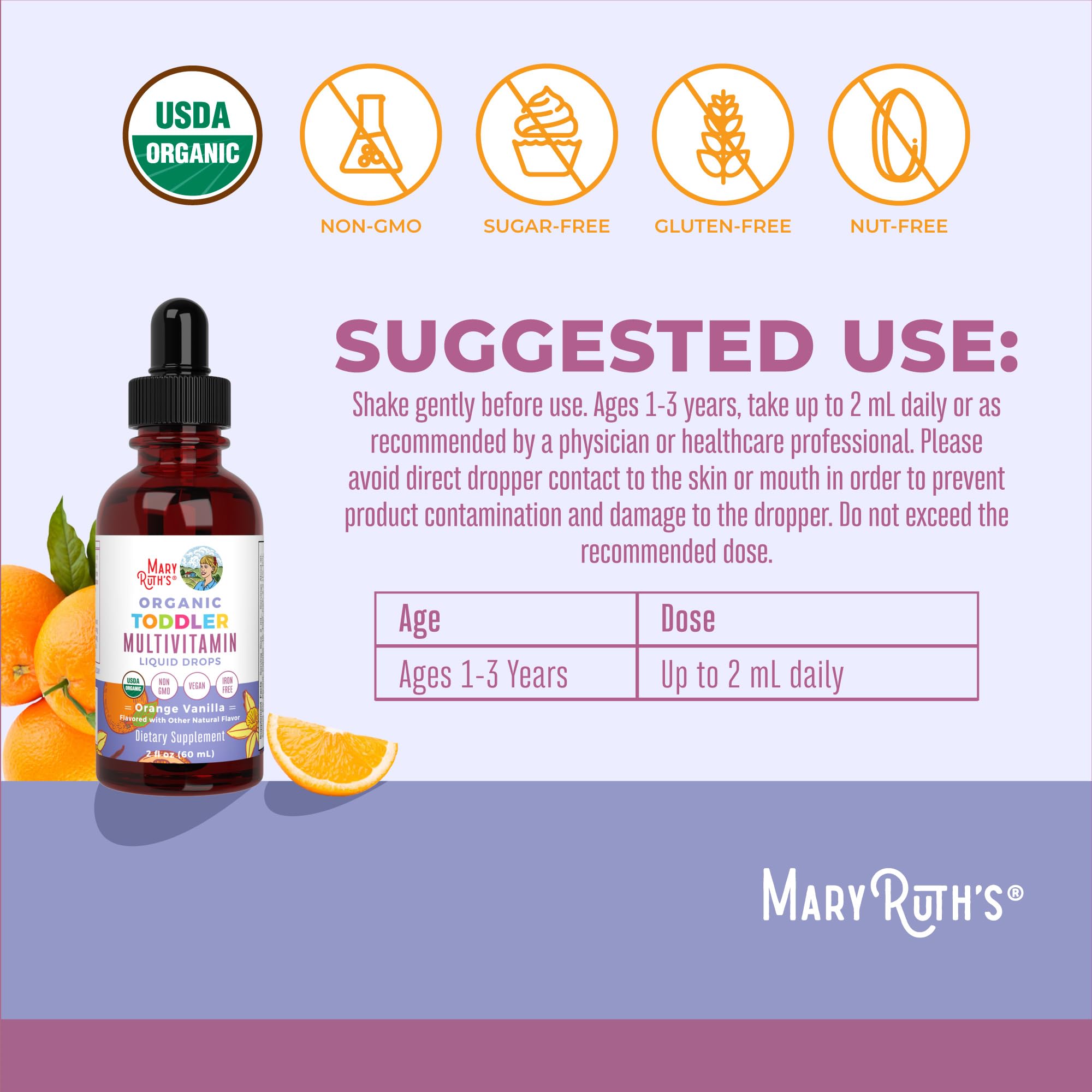 MaryRuth's Toddler Multivitamin | Vitamin A C D E B6 B12 Zinc | Healthy Growth Support | Immunity | Bone Health | Cognitive Function | Organic | Sugar Free | Vegan | Non-GMO | 2 Fl Oz | 30 Day Supply MARYRUTH'S buy supplements canada
