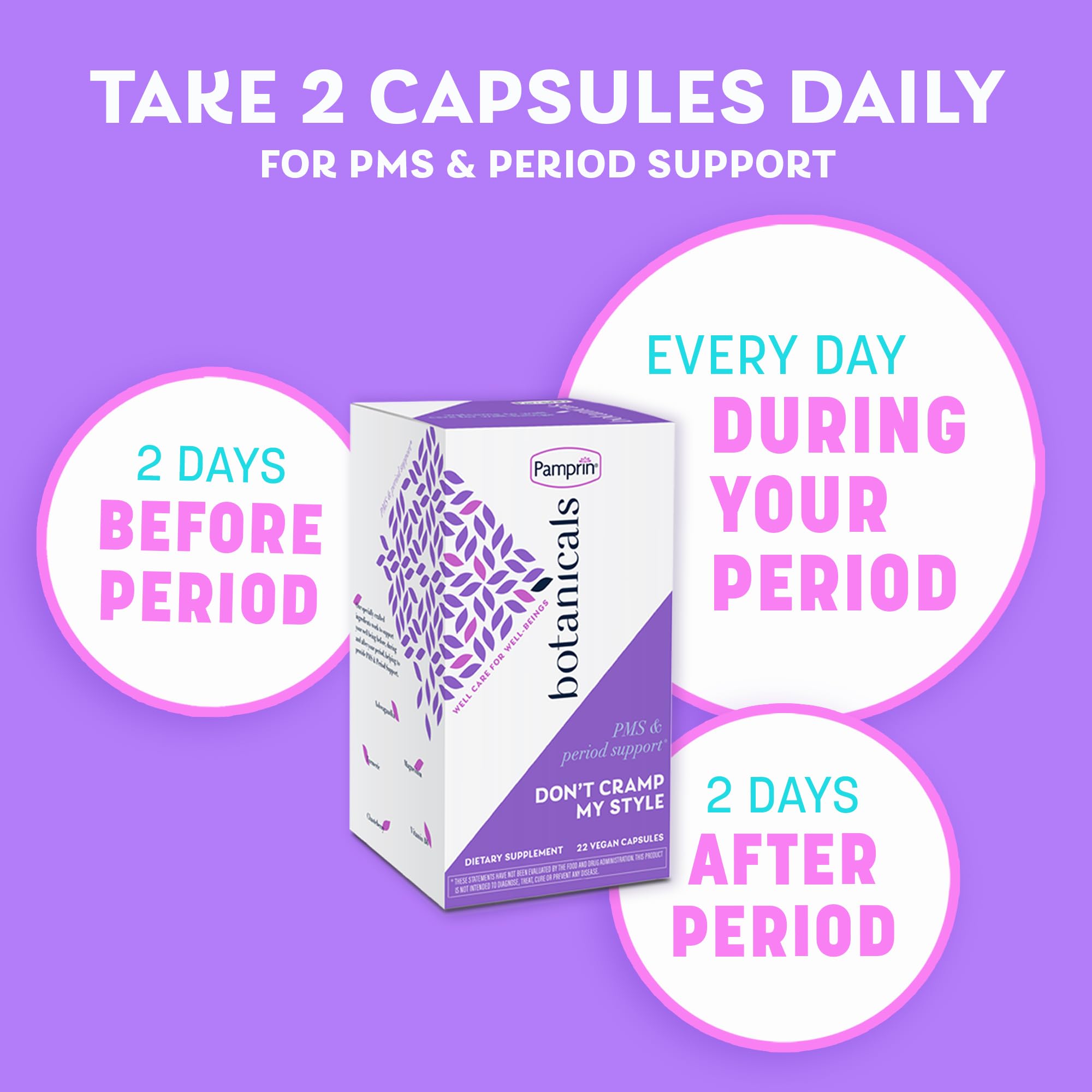 Pamprin Botanicals Supplement for PMS & Period Support, with Ashwagandha, Magnesium, Turmeric, Vitamin B6, Chasteberry, 22 Count Pamprin buy supplements canada
