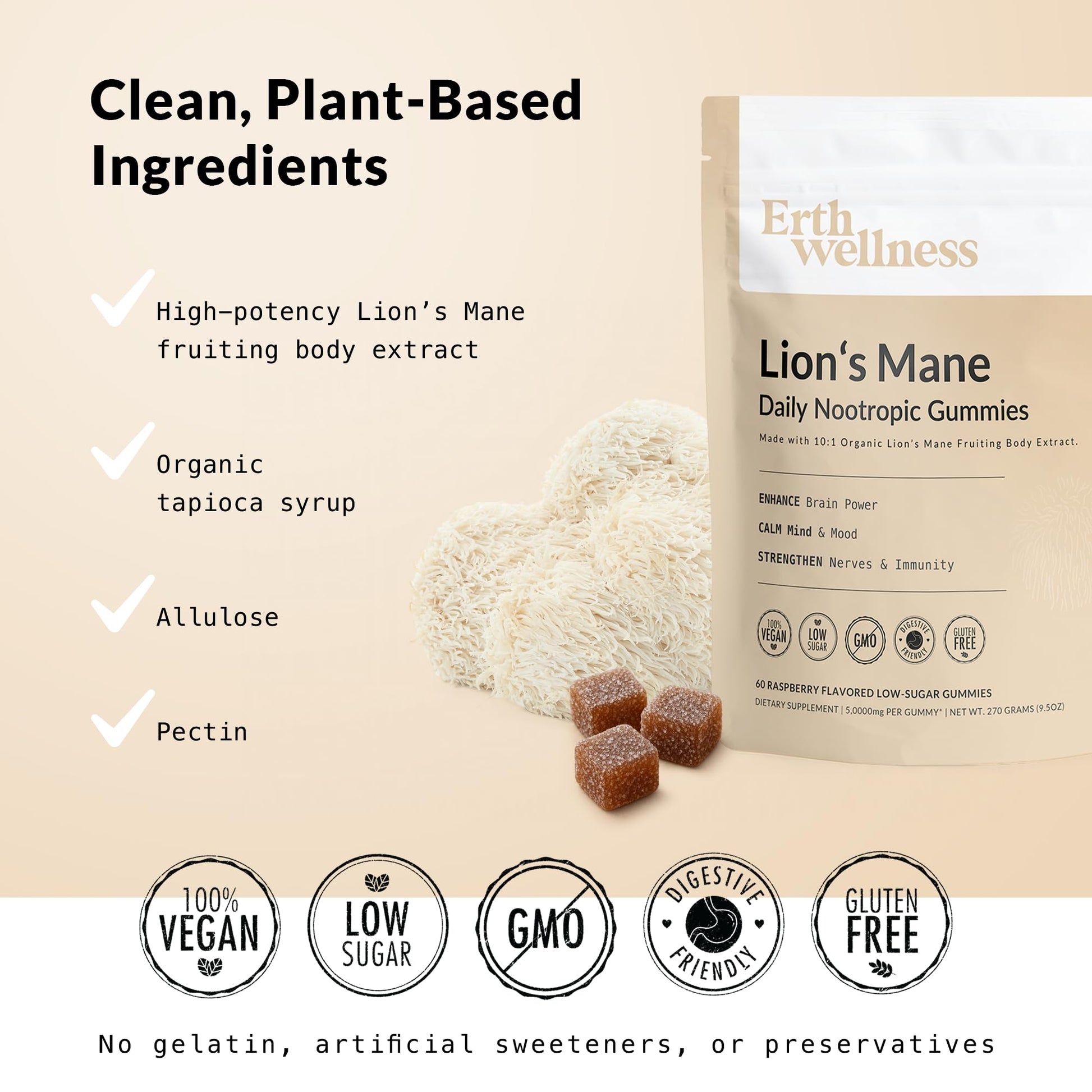 Erth Wellness Lion’s Mane Mushroom Gummies – 10,000mg Fruiting Body Extract per Serving – Brain & Focus Support – Daily Nootropic – Vegan, Low Sugar, Non-GMO – 60 Ct Erth Wellness buy supplements canada