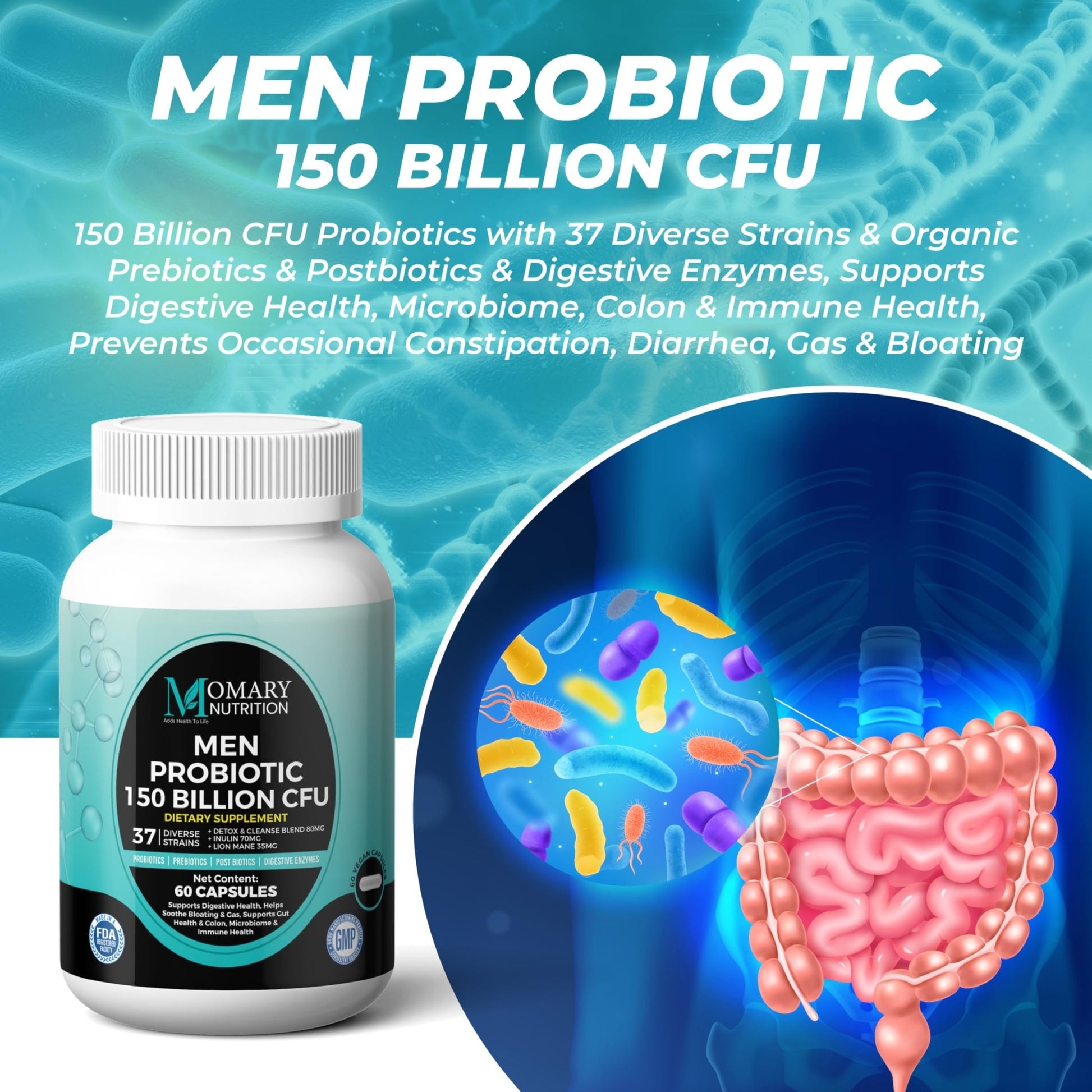 8-in-1 Bio Cultures Complex for Men – 150 Billion CFU Probiotics with 37 Diverse Strains, Organic Prebiotics, Postbiotics & Digestive Enzymes – Supports Digestive Balance & Gut Microbiome - OzHealthStandard
