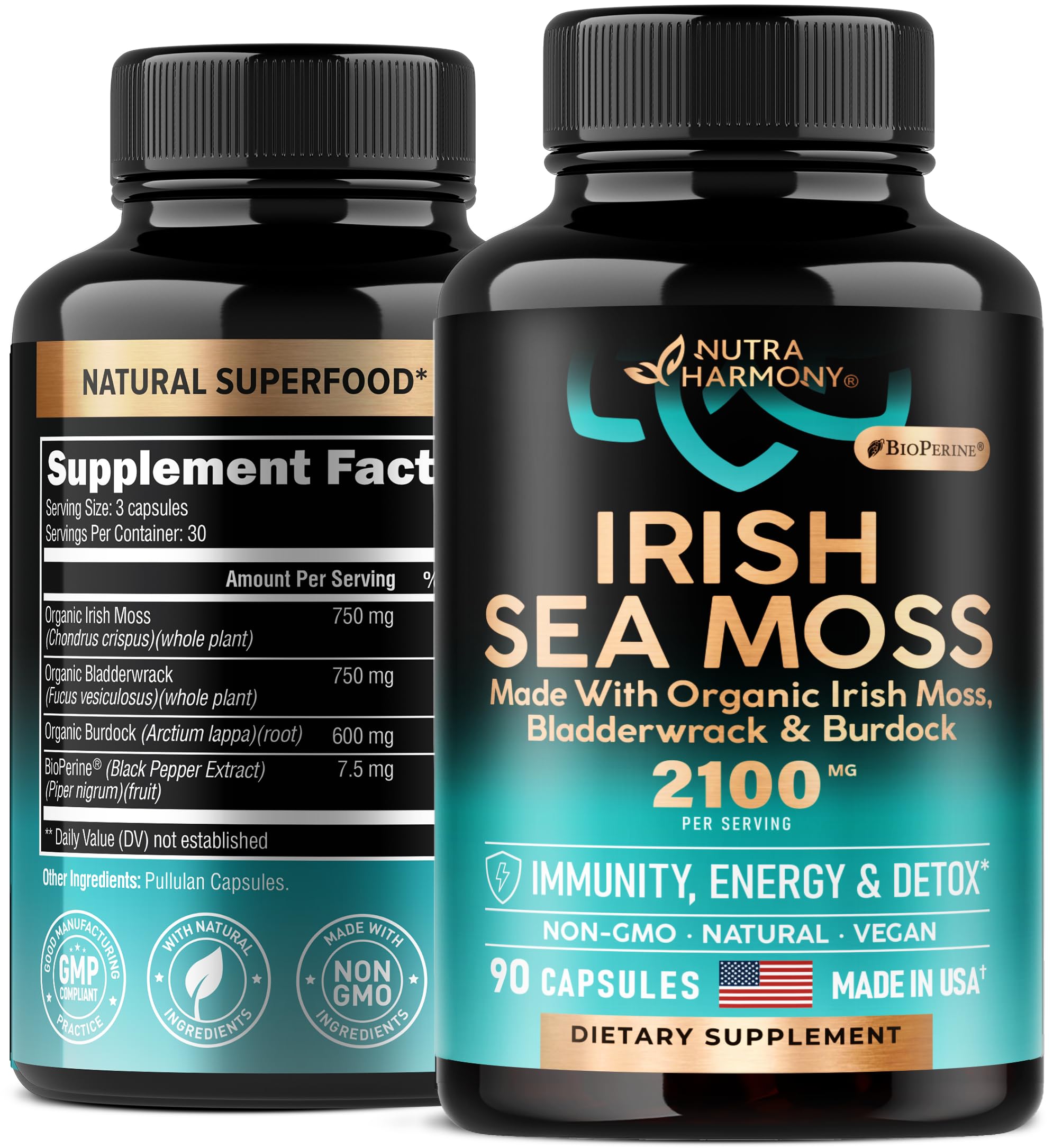 Irish Sea Moss Capsules - Made with Organic Sea Moss, Bladderwrack & Burdock Root - Made in USA - Advanced Superfood - Natural Multi Supplements Blend - Immunity & Energy Support - 90 Vegan Capsules NUTRAHARMONY buy supplements canada