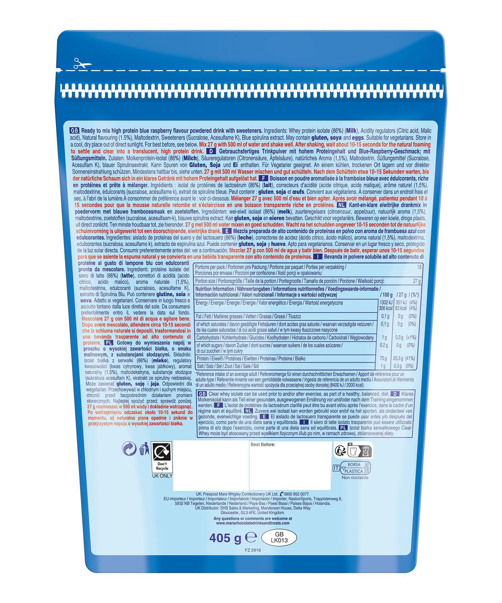 Hubba Bubba Blue Raspberry Clear Whey Isolate, Protein Powder Drink, 405g Pouch Hubba Bubba buy supplements canada