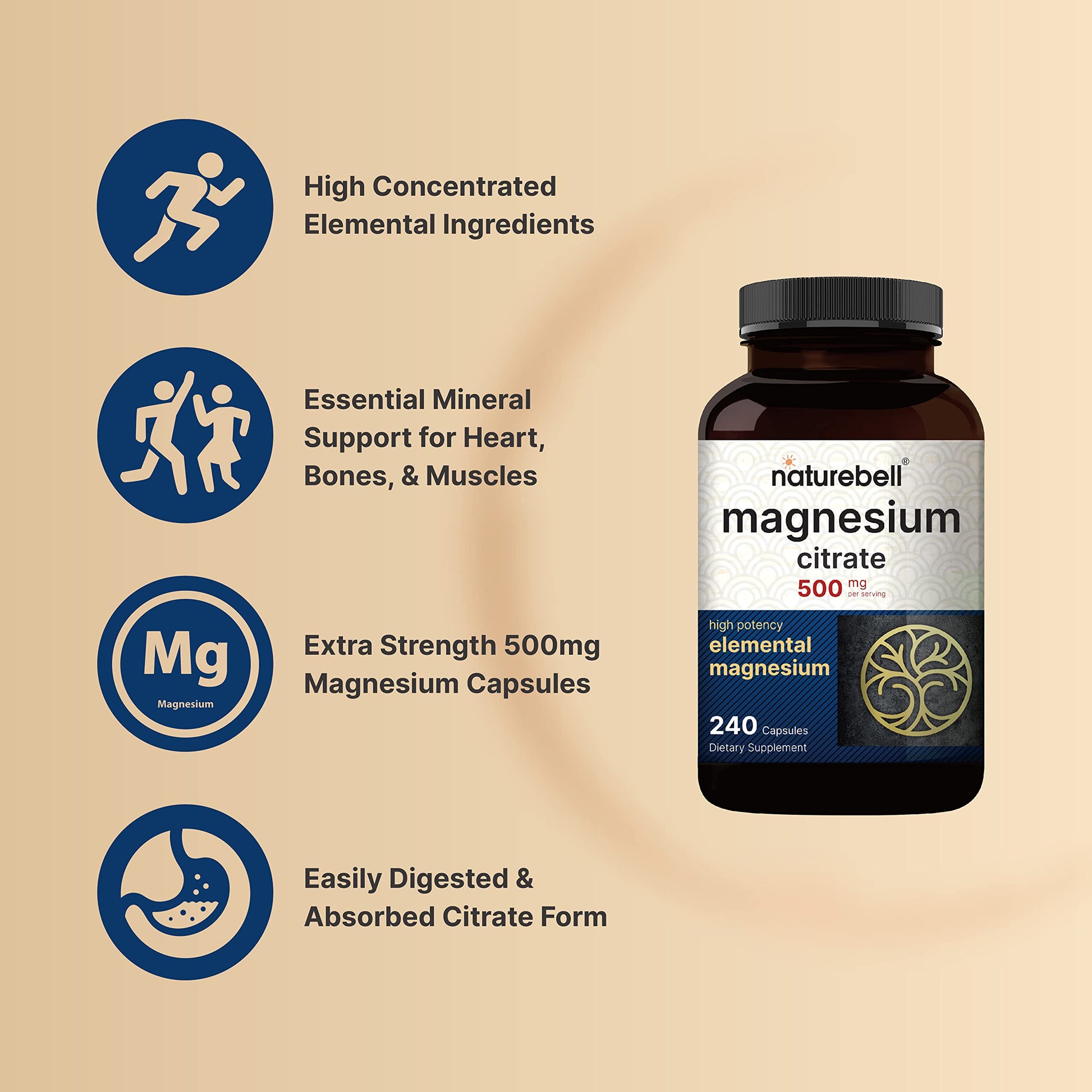 Magnesium Citrate 500mg, 240 Capsules (Citrato de Magnesio) | High Purity Elemental NatureBell buy supplements canada