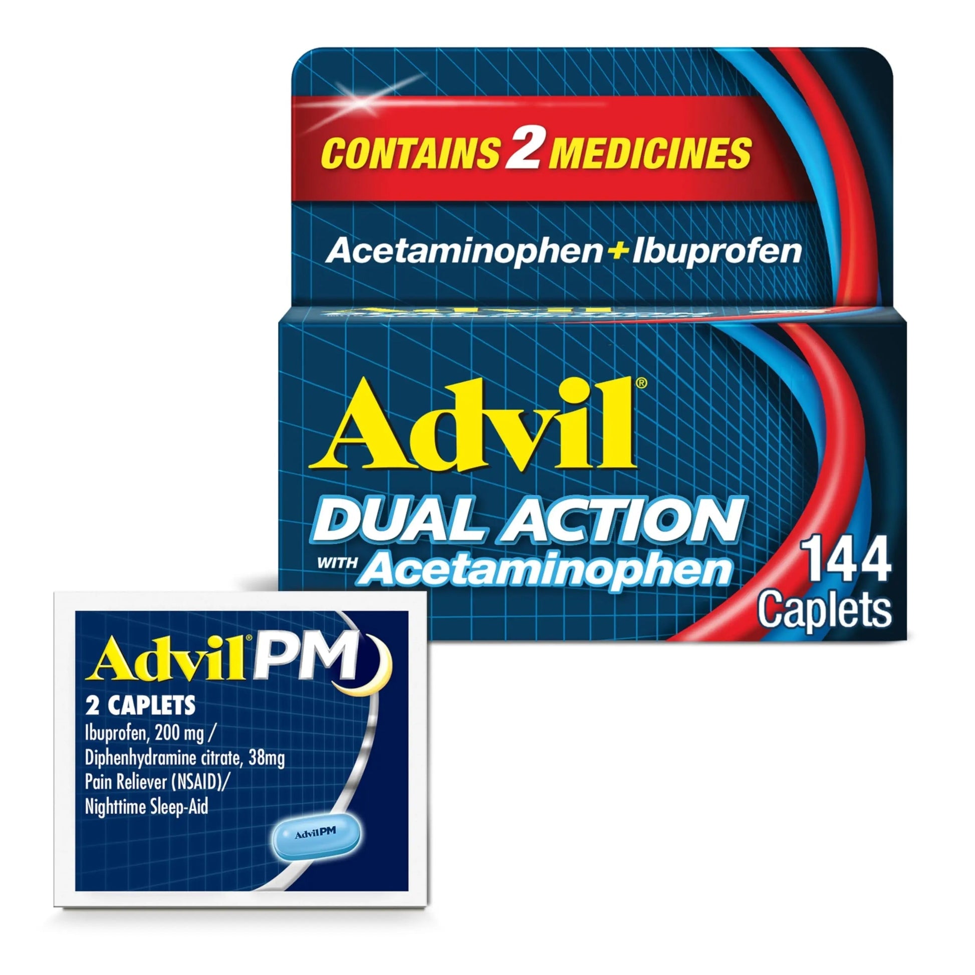 Advil Dual Action With Acetaminophen And Ibuprofen (2 Dose Equivalent) For 8 Hour Pain Relief, Coated 144 Ct Caplets And 2 Ct. Sample Of Advil PM Advil buy supplements canada