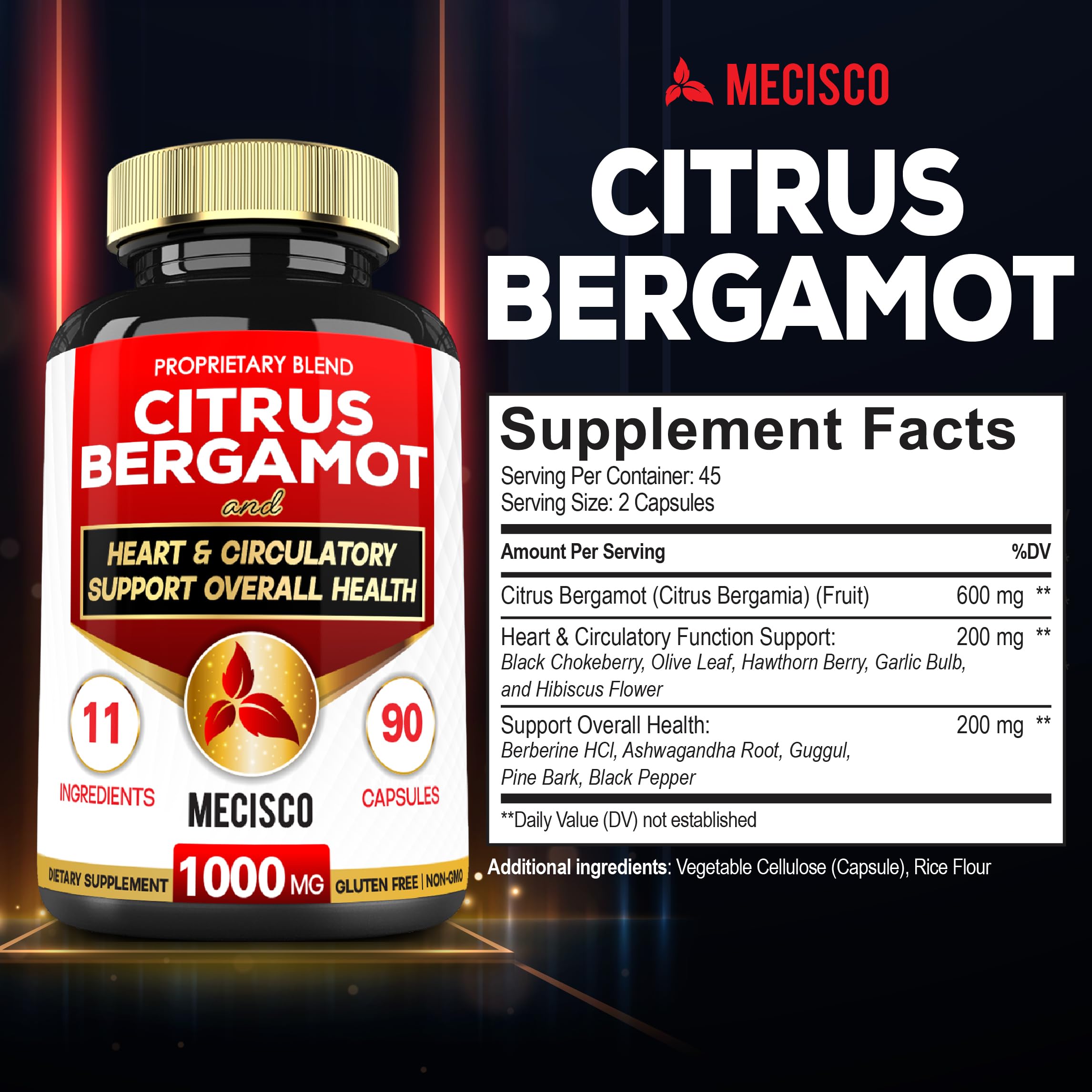 Mecisco 11 in 1 Citrus Bergamot Supplement 1000mg with Black Chokeberry, Berberine HCl & More - 90 Capsules - Supports Heart Health, Immune System, Energy Production Mecisco buy supplements canada