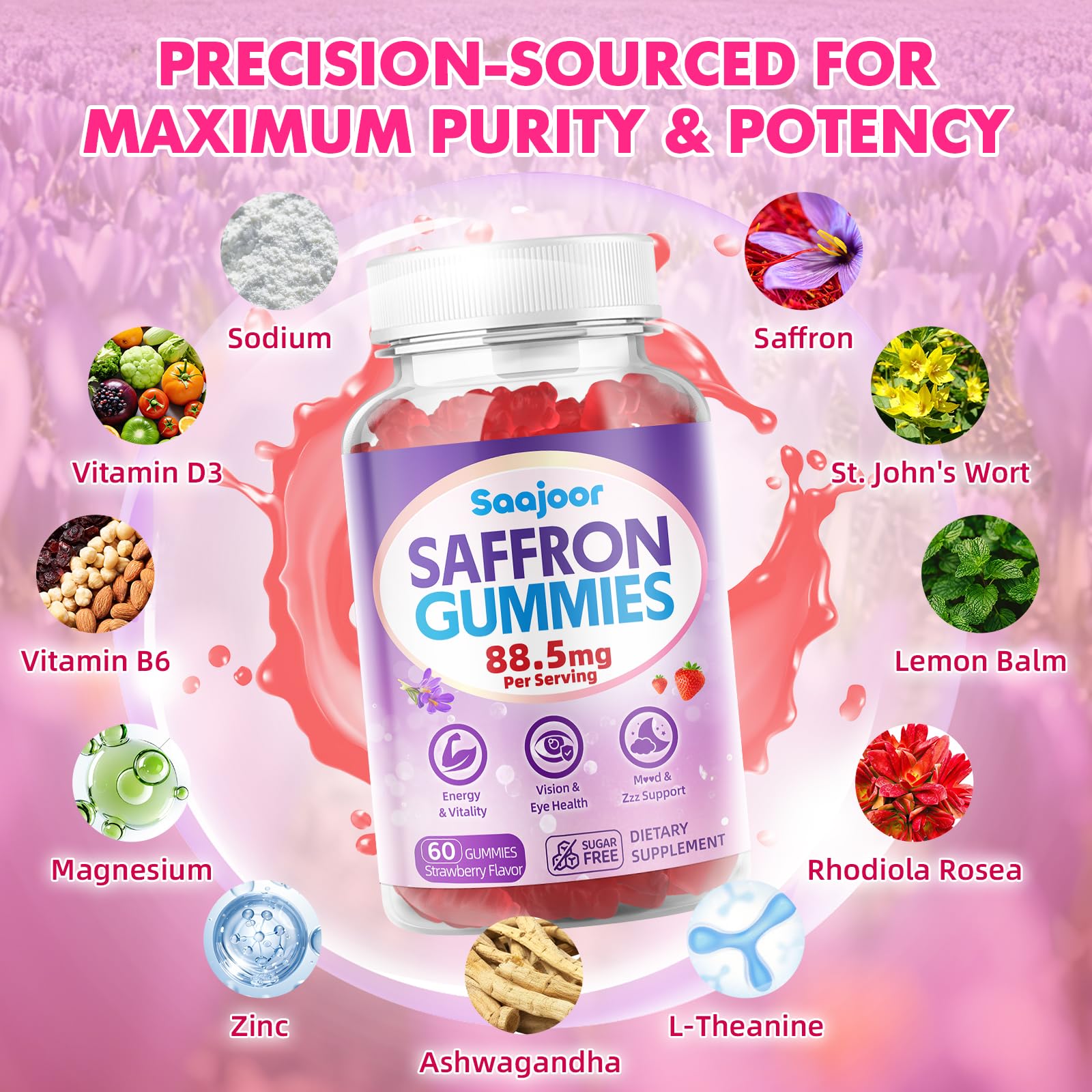 Saffron Gummies for Adult Kids - with Saffron 88.5mg, Vitamins D3 & B6, Magnesium, Zinc, Ashwagandha, L - Theanine, St. John's Wort - Supports Mood & Focus, Strawberry Flavor, 120 Count Saajoor buy supplements canada