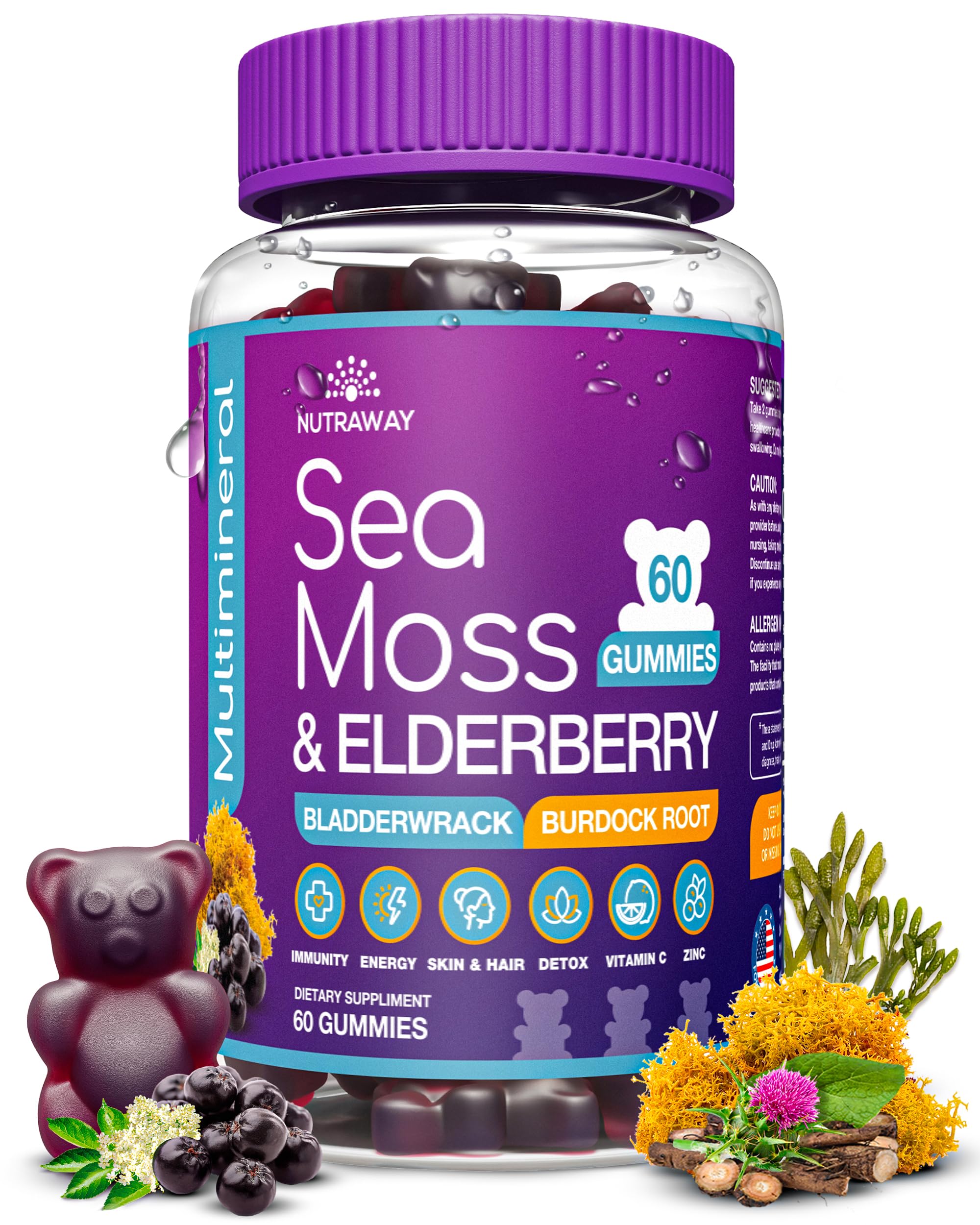 NUTRAWAY LABS Sea Moss Gummies with Elderberry, Vitamin C & Zinc - 102 Minerals from Irish Sea Moss, Bladderwrack & Burdock Root for Immune Support - Vegan Seamoss Supplement (Pack of 1) NUTRAWAY LABS buy supplements canada