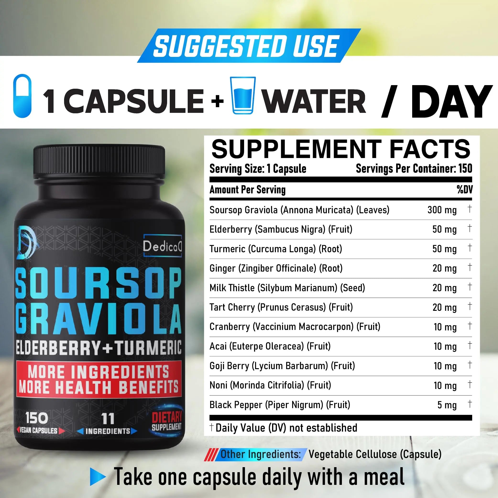 DEDICAD 11in1 Graviola Soursop Capsules for 5 Months Supply with Soursop Fruit, Elderberry, Turmeric, Ginger, Milk Thistle, Cranberry & More - Mood - 150 Vegan Capsules DEDICAD buy supplements canada