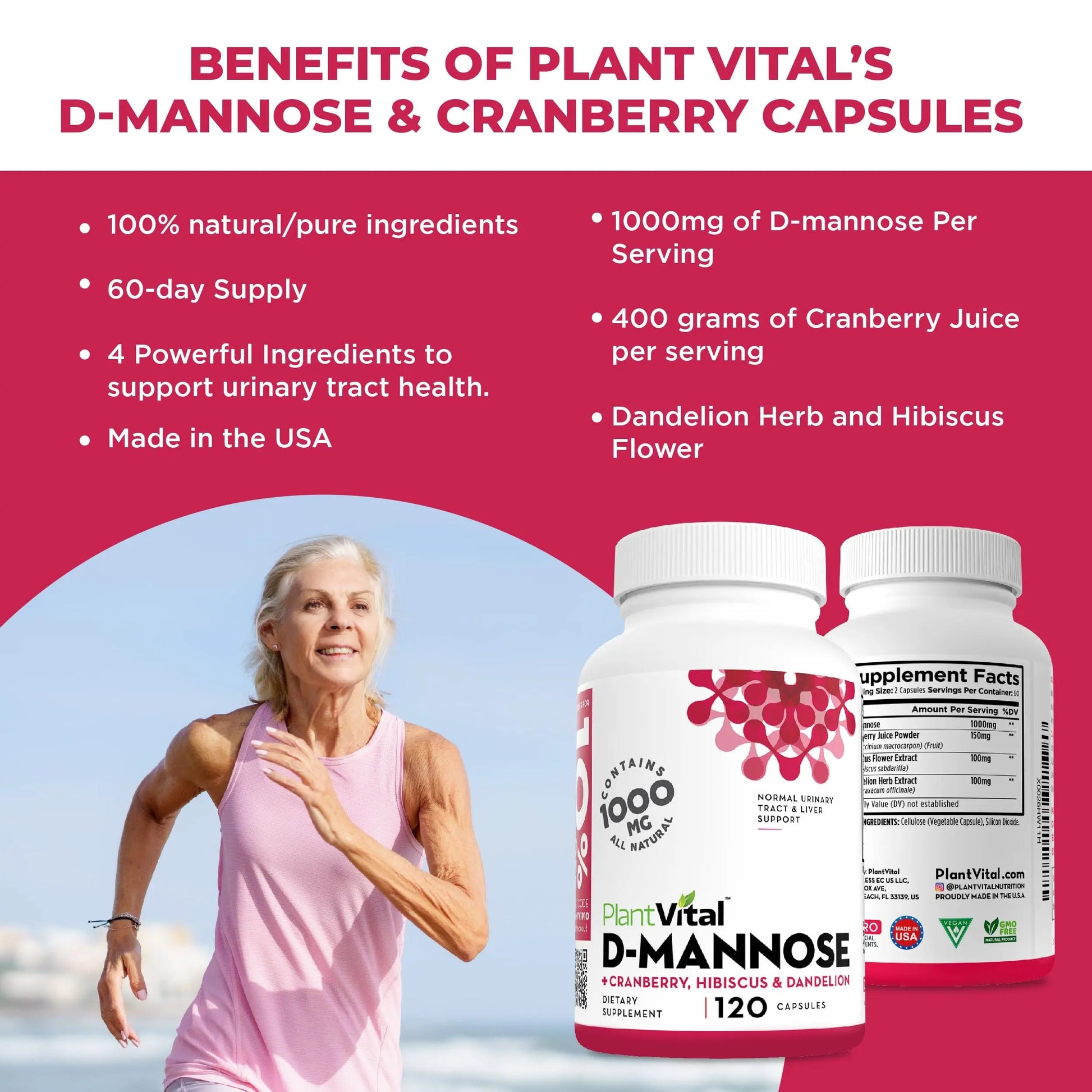 Plantvital D Mannose Capsules with Cranberry - D-mannose 1000mg Capsules - High Potency for Bladder, Kidney and Urinary Tract Support. Cranberry Powder with Hibiscus and Dandelion. 2 Months Supply Plantvital buy supplements canada