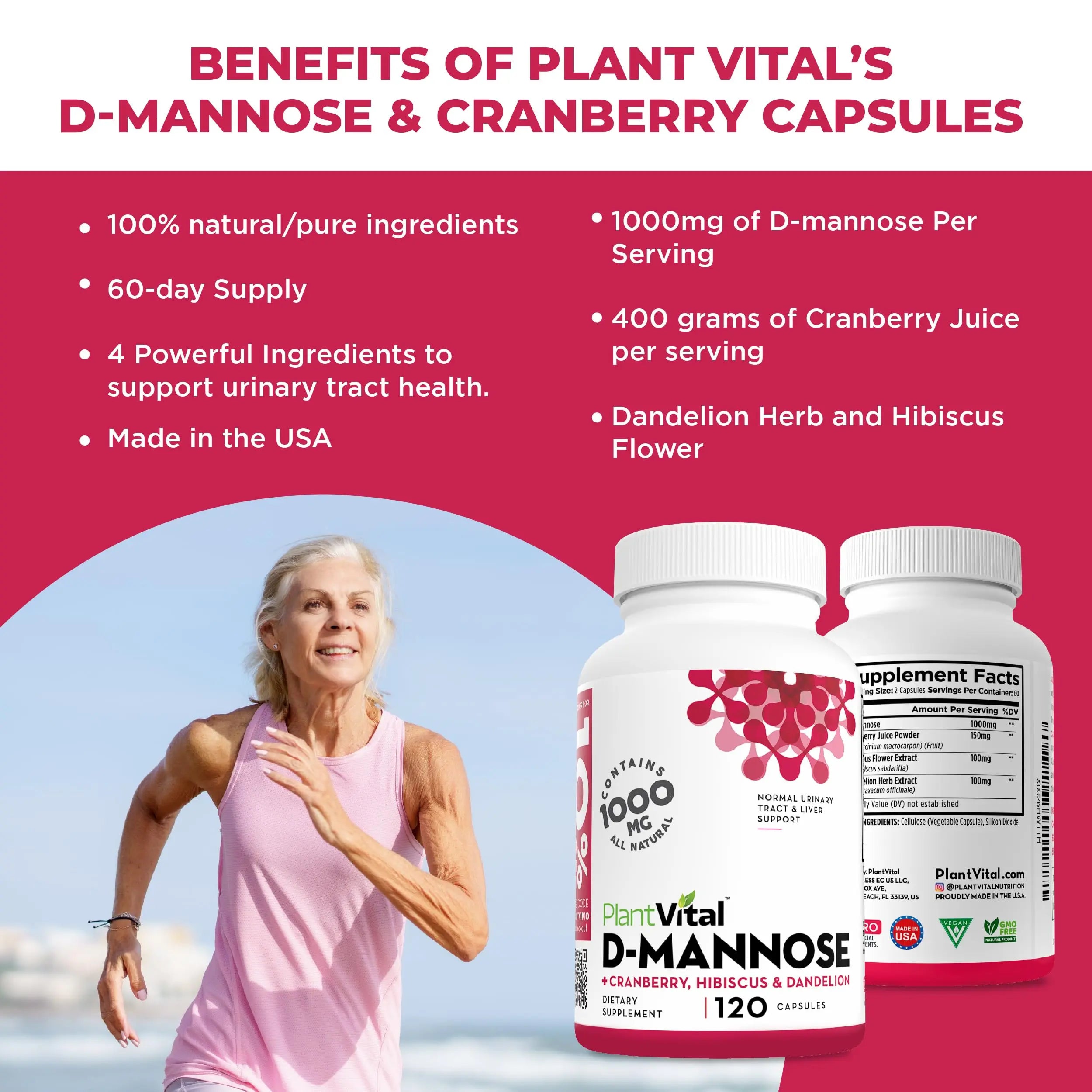 Plantvital D Mannose Capsules with Cranberry - D-mannose 1000mg Capsules - High Potency for Bladder, Kidney and Urinary Tract Support. Cranberry Powder with Hibiscus and Dandelion. 2 Months Supply Plantvital buy supplements canada