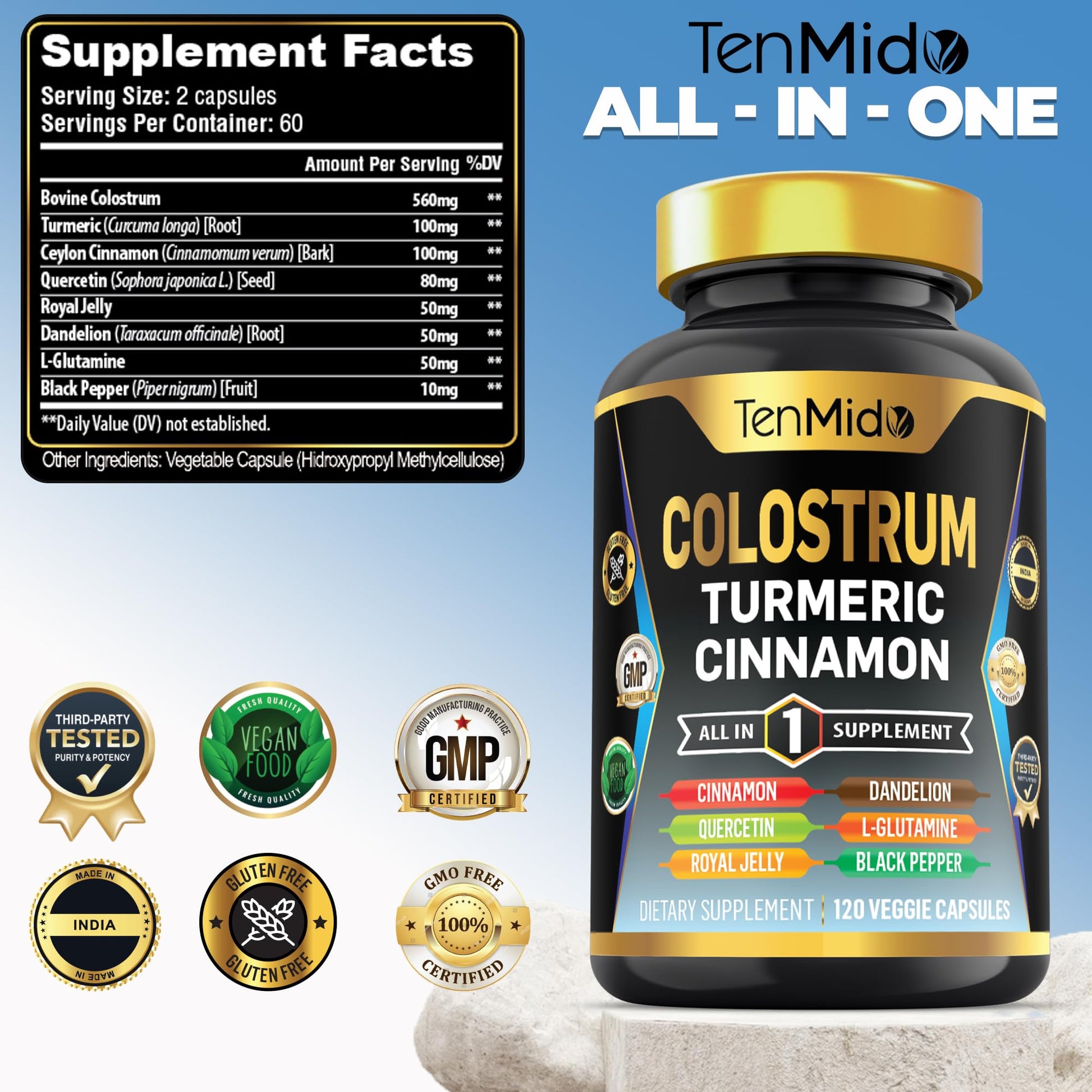 Tenmido Colostrum Supplement - 8in1 Formula - Combine with Turmeric, Ceylon Cinnamon, Quercetin, Royal Jelly, Dandelion, L- Glutamine, and Black Pepper - Digestive Health Support - 120 Capsules Tenmido buy supplements canada