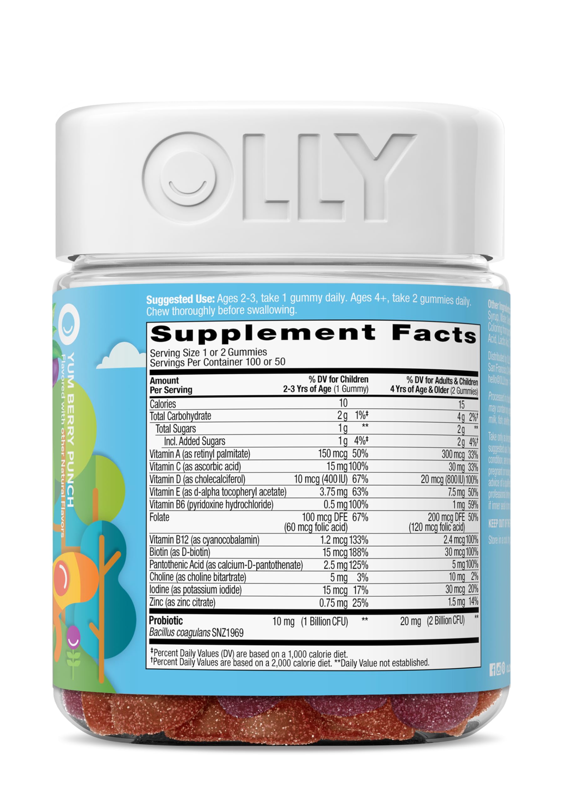 OLLY Kids Multivitamin & Probiotic Gummy, Digestive Support, Vitamins A, D, C, E, B, Zinc, Chewable Supplement, Berry Flavor, 50 day supply - 100 Count OLLY buy supplements canada