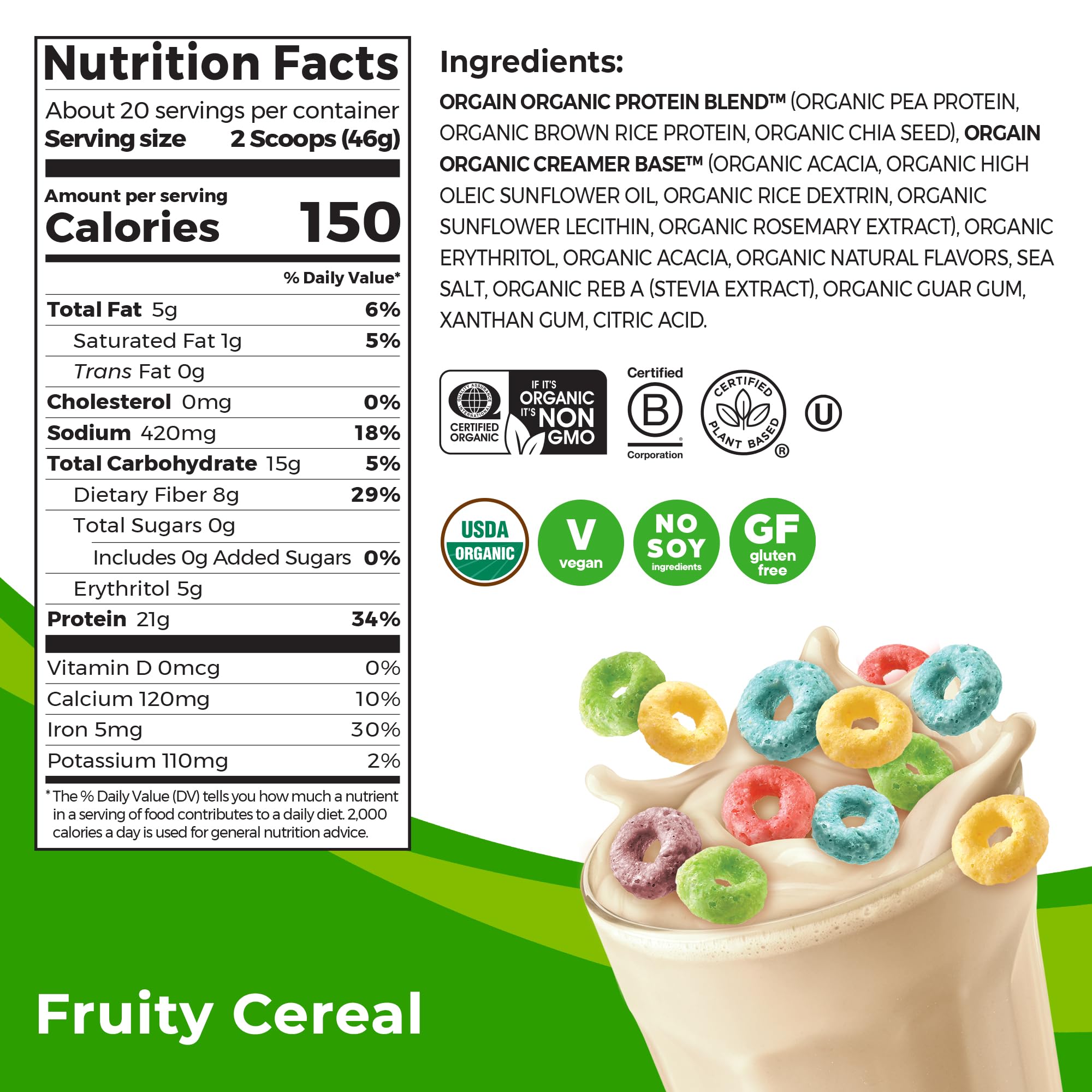 Orgain Organic Vegan Protein Powder, Fruity Cereal - 21g Plant Based Protein, Gluten Free Orgain buy supplements canada