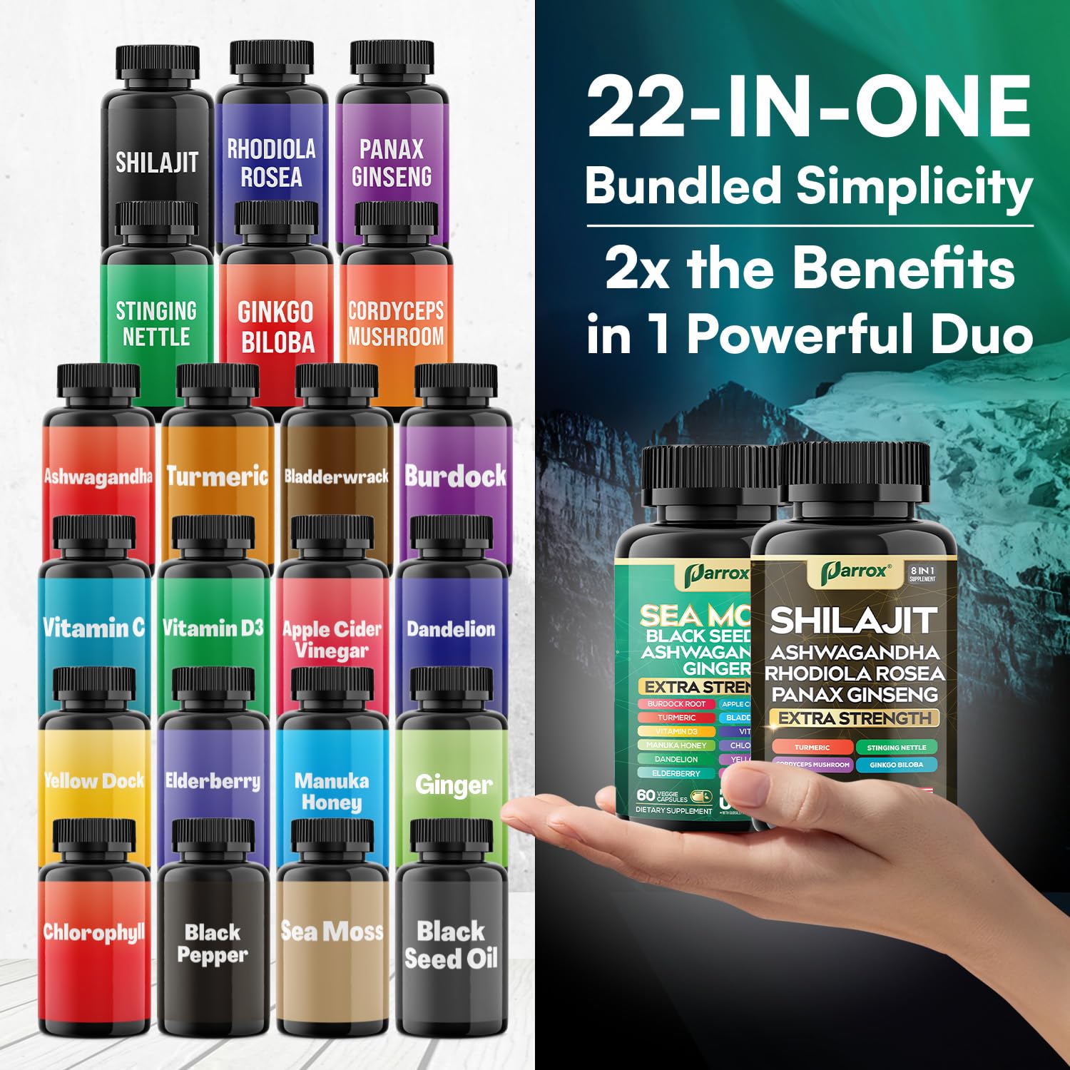 Parrox Shilajit and Sea Moss Bundle, Sea Moss 350mg, Black Seed Oil 200mg, Ashwagandha 100mg, Turmeric, Shilajit 300mg, Rhodiola Rosea 100mg, Panax Ginseng 50mg, Dynamic Vitality Bundle (2 Pack) Parrox buy supplements canada