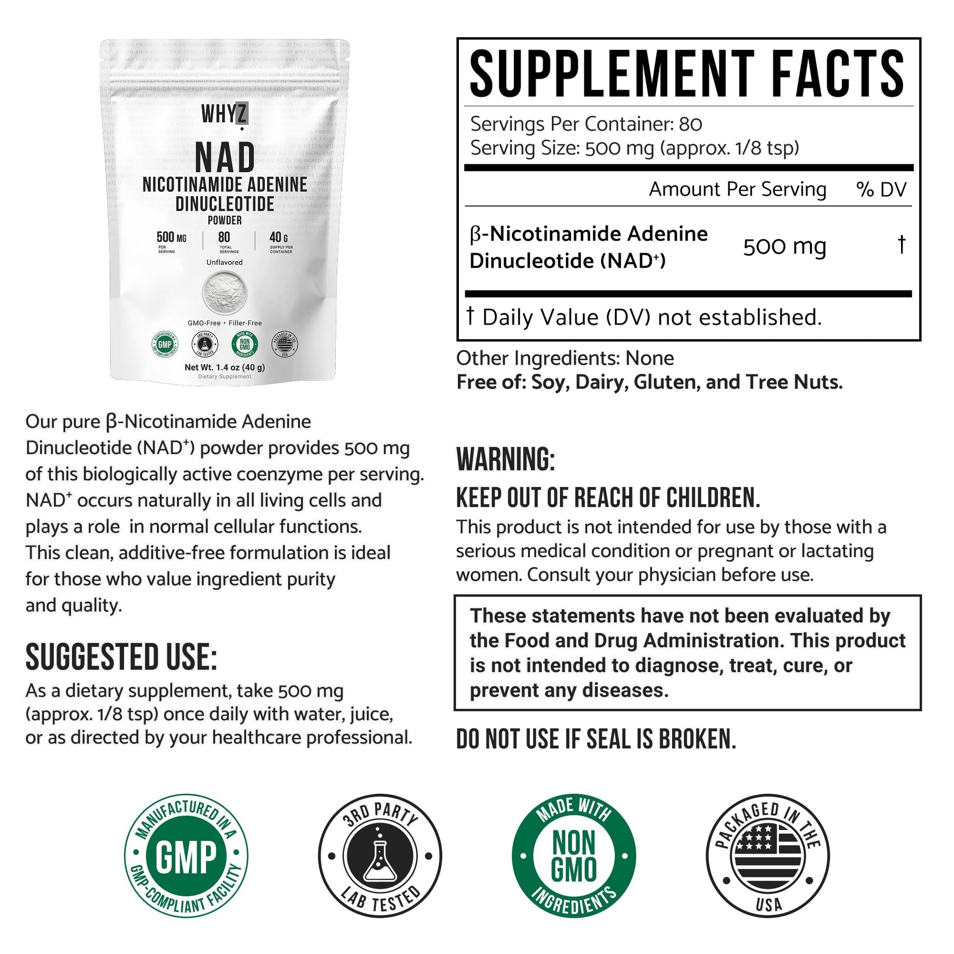 Pure NAD Powder Nicotinamide Adenine Dinucleotide Supplement Unflavored and Gluten-Free Premium Pure NAD Powder for Daily Wellness and Nutrition Support, 40g WHYZ buy supplements canada