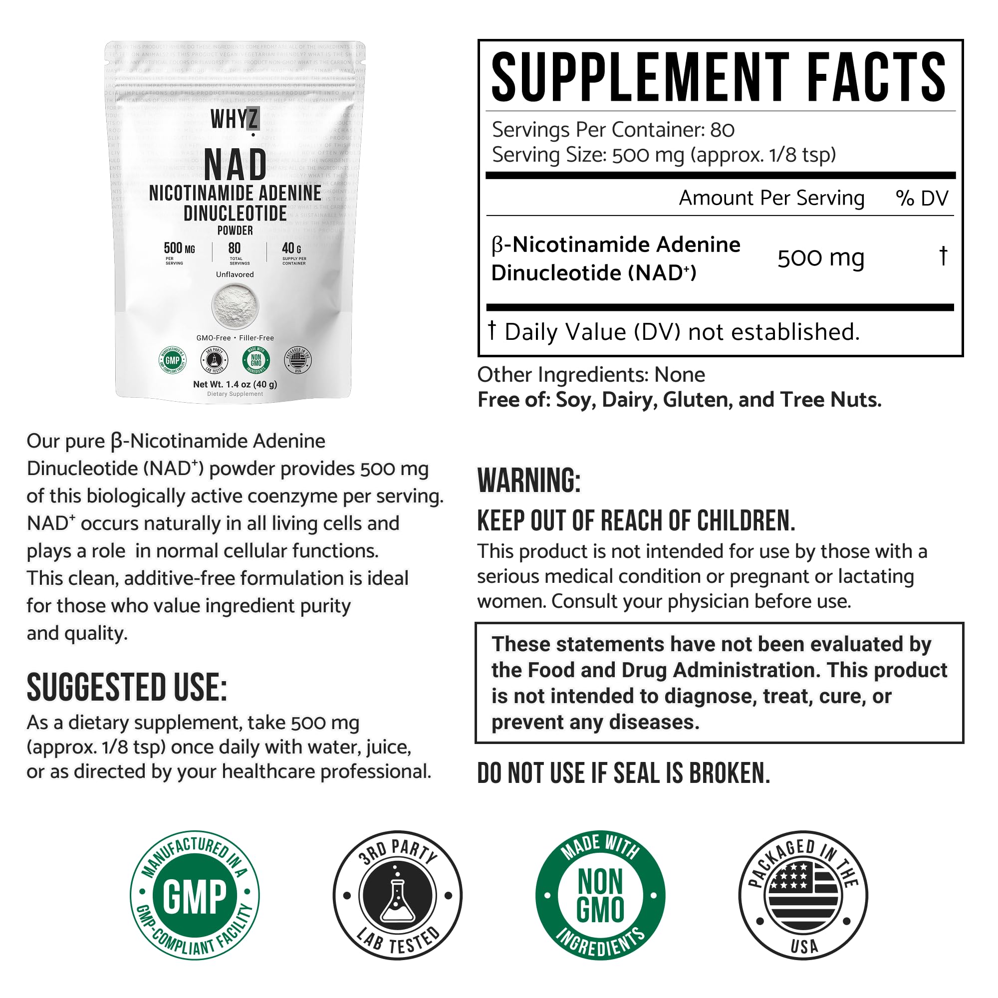 Pure NAD Powder Nicotinamide Adenine Dinucleotide Supplement Unflavored and Gluten-Free Premium Pure NAD Powder for Daily Wellness and Nutrition Support, 40g WHYZ buy supplements canada