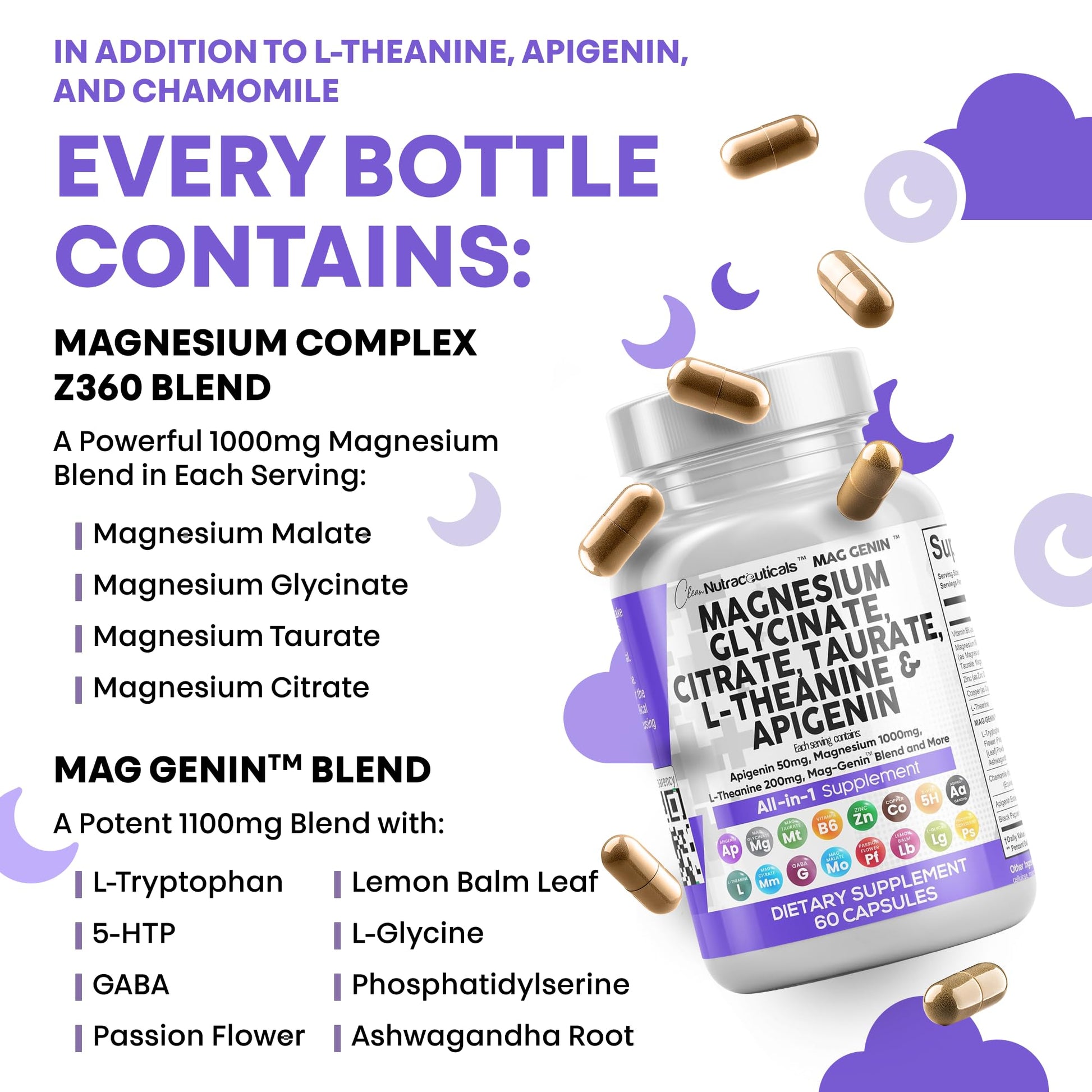 Clean Nutraceuticals Magnesium Glycinate Complex 1000mg with L-Theanine 200mg Apigenin 50mg Citrate Taurate Supplement - 5-HTP GABA Passion Flower Lemon Balm L-Glycine Phosphatidylserine - 60 Count Clean Nutraceuticals buy supplements canada