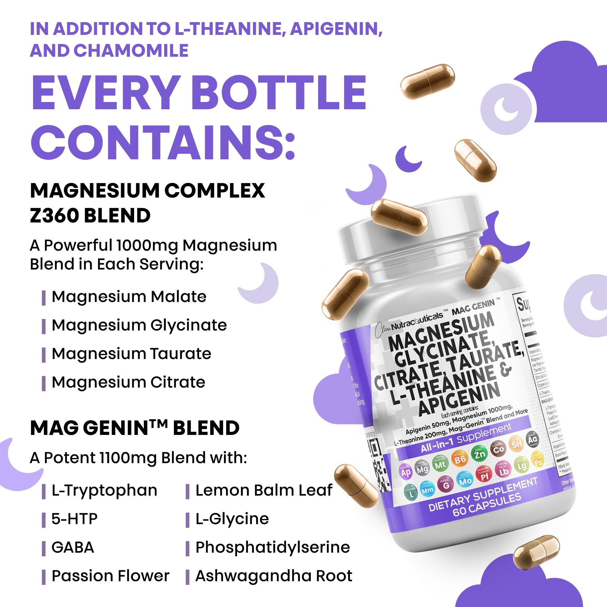 Clean Nutraceuticals Magnesium Glycinate Complex 1000mg with L-Theanine 200mg Apigenin 50mg Citrate Taurate Supplement - 5-HTP GABA Passion Flower Lemon Balm L-Glycine Phosphatidylserine - 60 Count Clean Nutraceuticals buy supplements canada