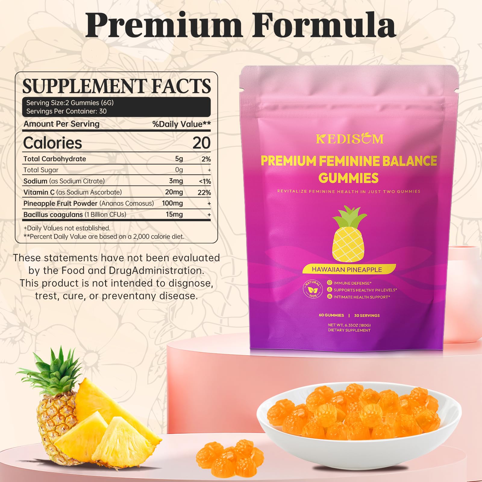 KEDISOM Premium Feminine Balance Gummies - for Women’s Health & Wellness - Immune Support - Vegan, Gluten-Free - Hawaiian Pineapple - 60 Gummies - 30 Servings KEDISOM buy supplements canada