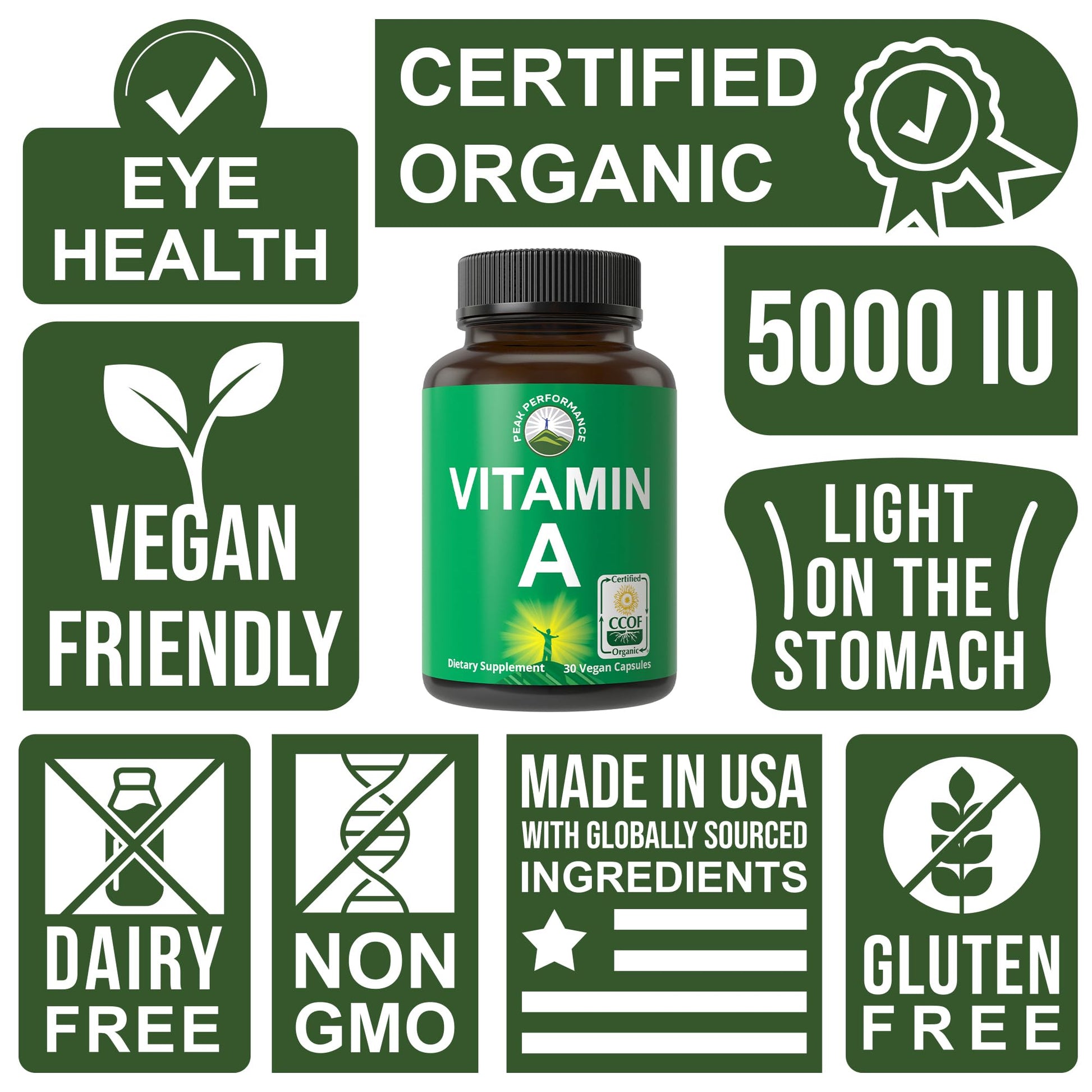 Certified Organic Vitamin A 5000 IU Supplement Capsules High Potency Vitamins. for Adults, Men, Women, Kids. Made with Carrot Juice. Great for Immune, Skin, Eye Support. Non GMO, Vegan Pills Peak Performance buy supplements canada