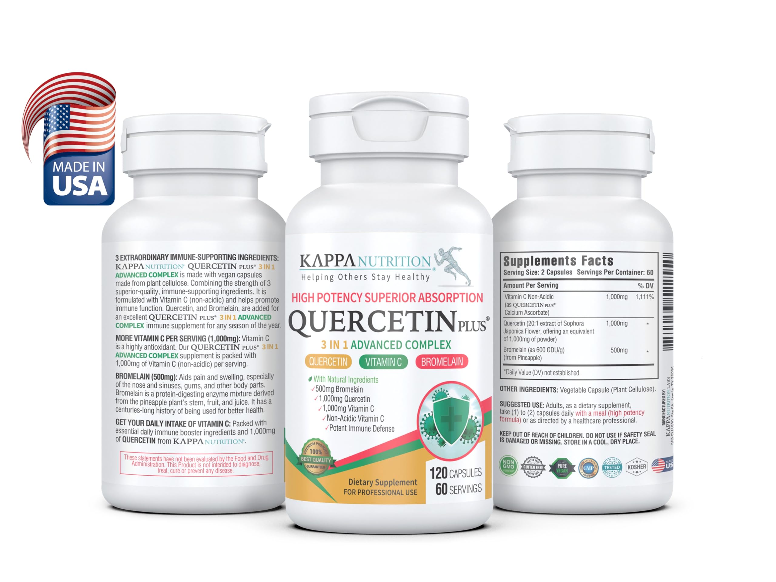 QUERCETIN PLUS, Quercetin 1,000mg, Bromelain 500mg and Vitamin C 1,000mg, (120 Capsules), 3 in 1 from Bioflavonoids, Supports Immune, Cardiovascular & Respiratory Health, Seasonal Allergy Relief. KAPPA NUTRITION buy supplements canada