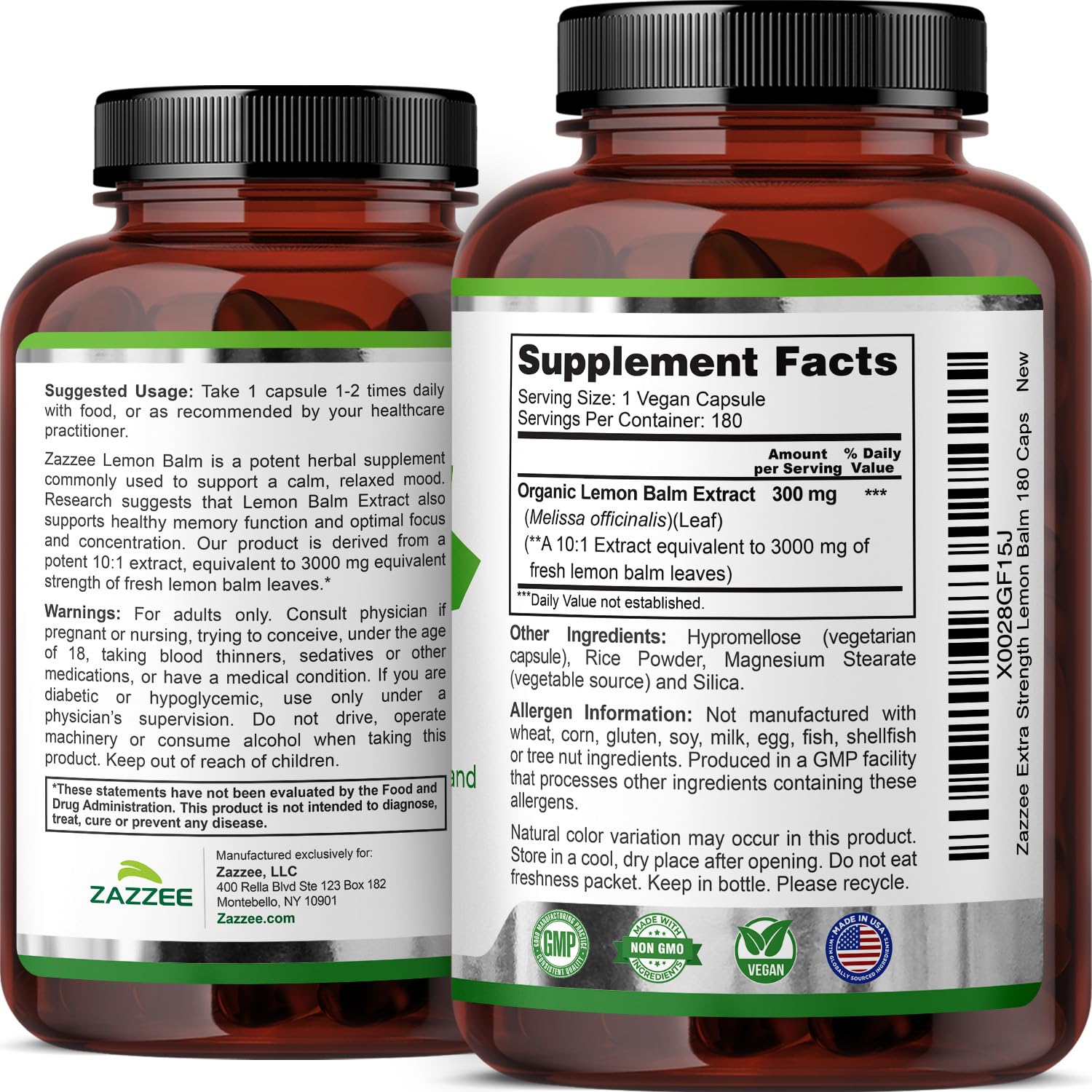 Zazzee Organic Lemon Balm 10:1 Extract, 180 Vegan Capsules, 6 Month Supply, Melissa Officinalis, Calm, Mood, Stress & Relaxation Support, Herbal Supplement, All-Natural, Non-GMO, Made in the USA Zazzee buy supplements canada