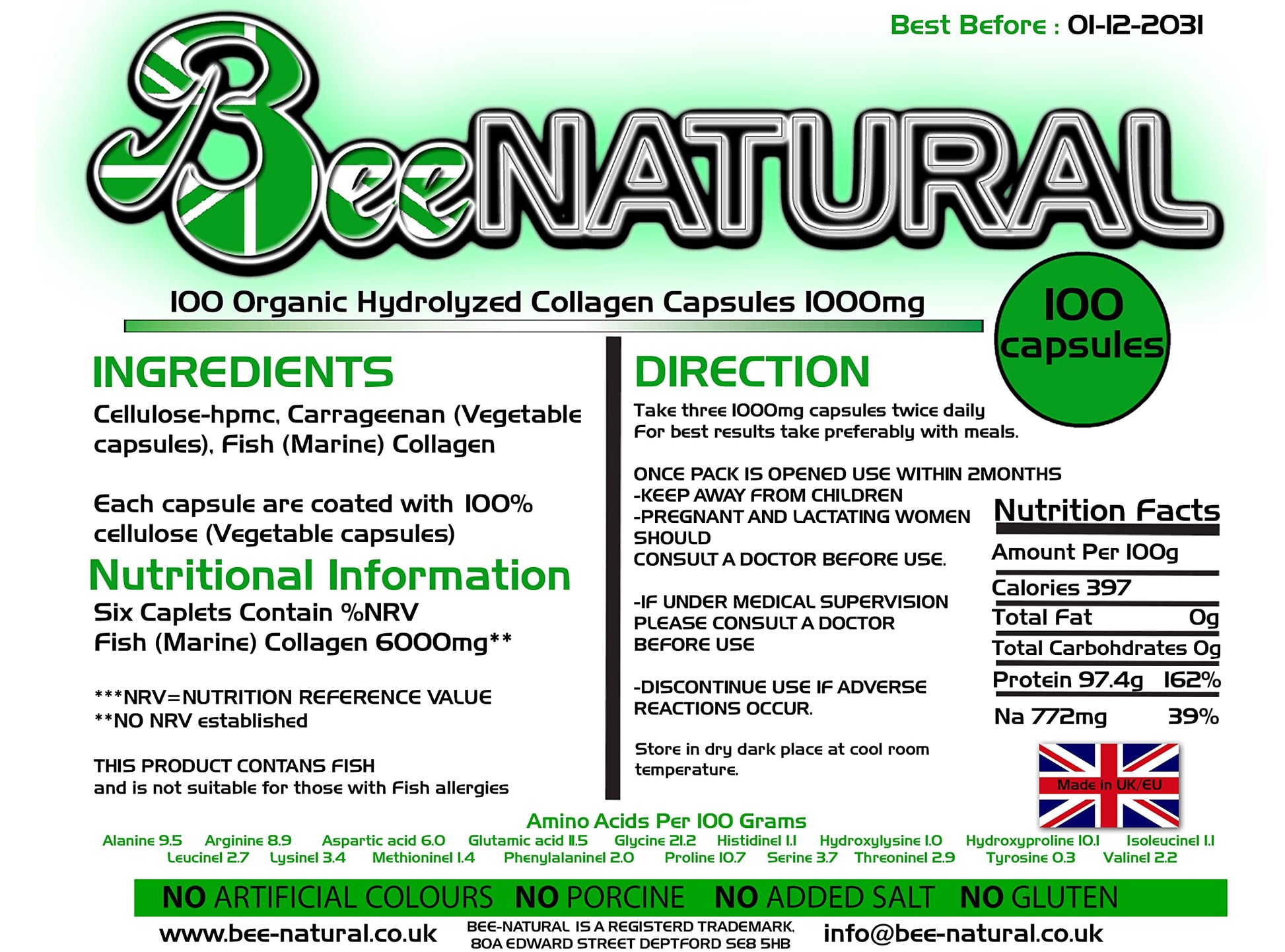 100 Hydrolyzed Collagen Capsules 1000mg Bee-natural Bee-natural buy supplements canada