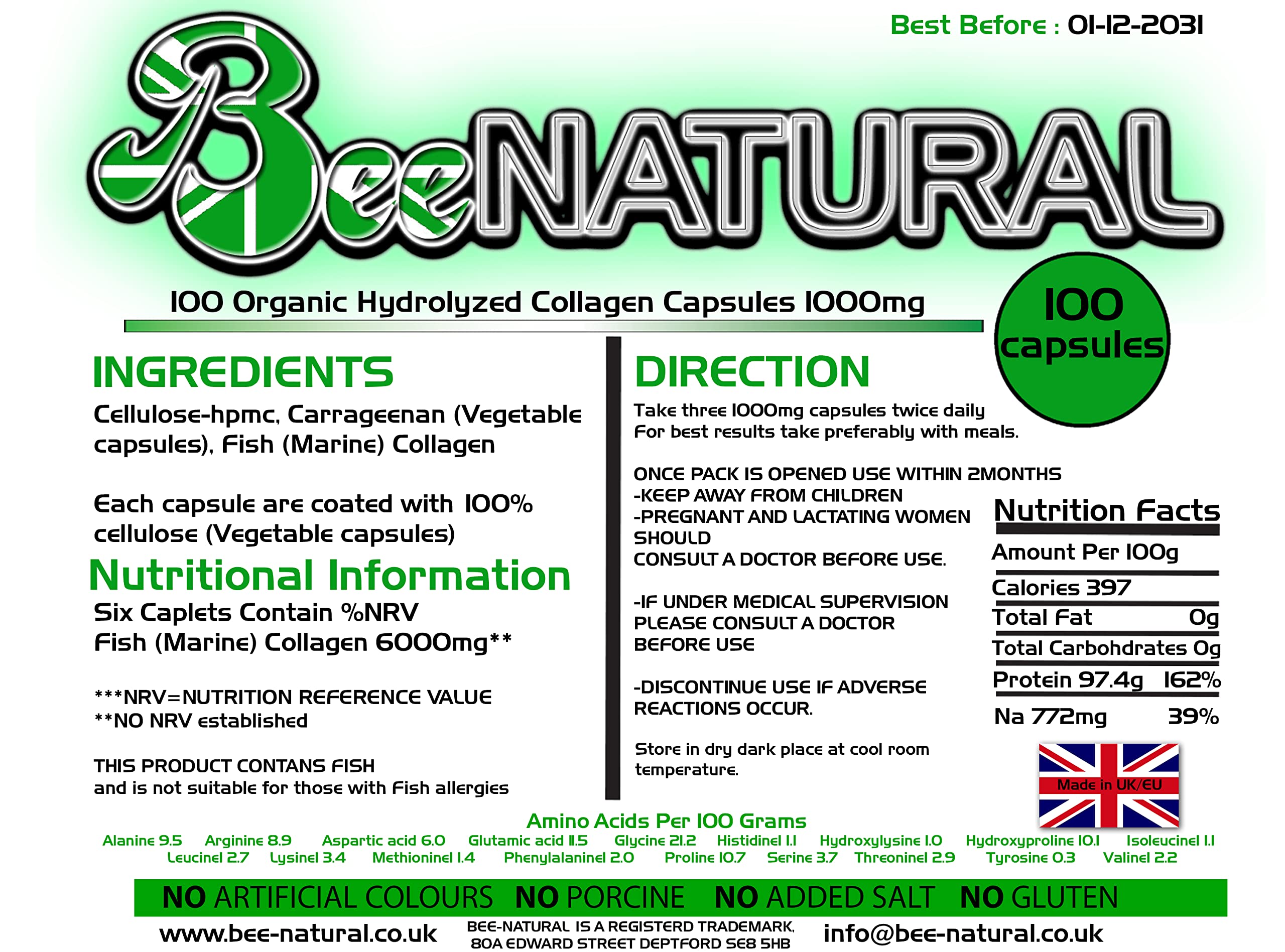 100 Hydrolyzed Collagen Capsules 1000mg Bee-natural Bee-natural buy supplements canada