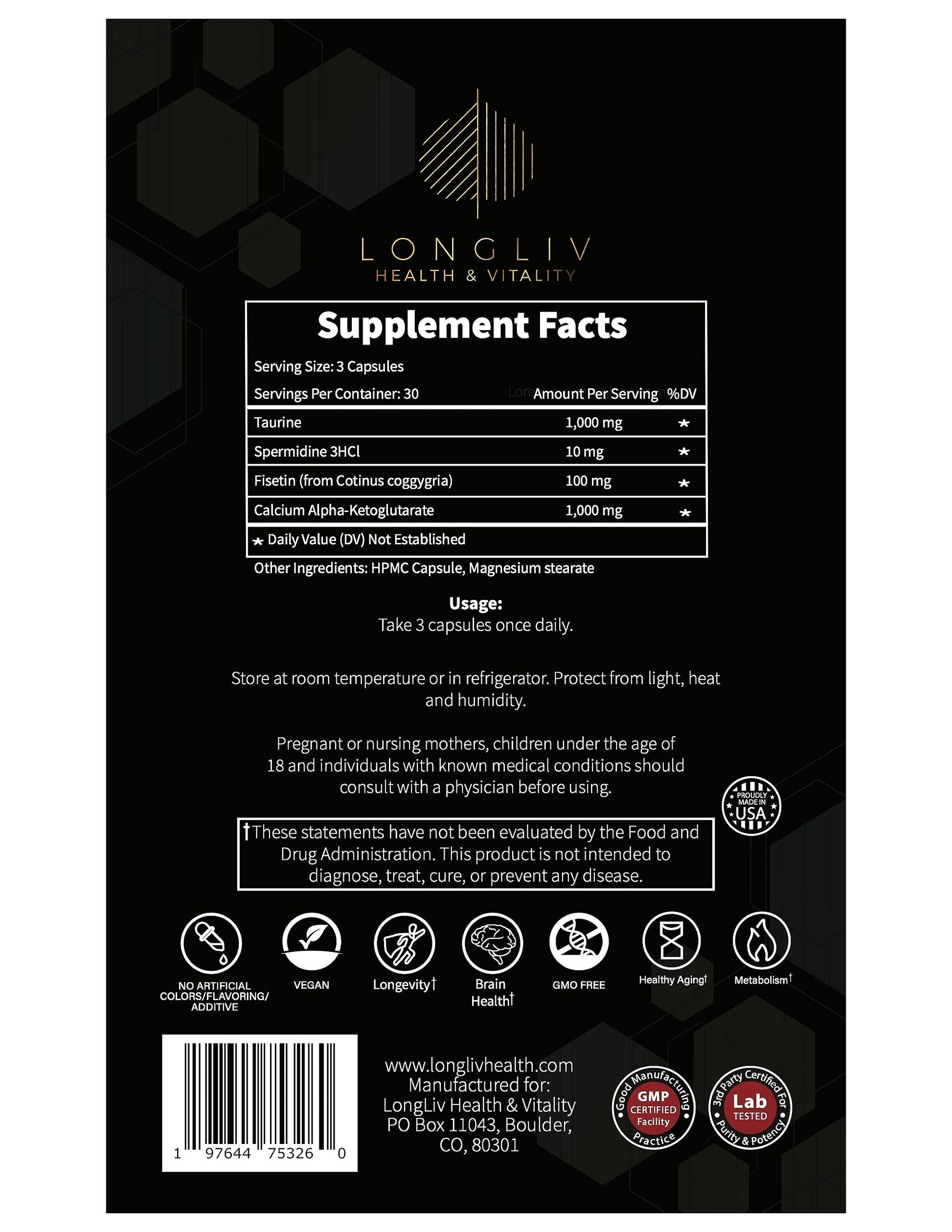 Longevity4Life - Ultimate Cellular Health Supplement - Fisetin, Taurine, Calcium Alpha-Ketoglutarate, and Spermidine Capsules for Longevity and Vitality - Made in USA - Physician Formulated LongLiv Health and Vitality buy supplements canada