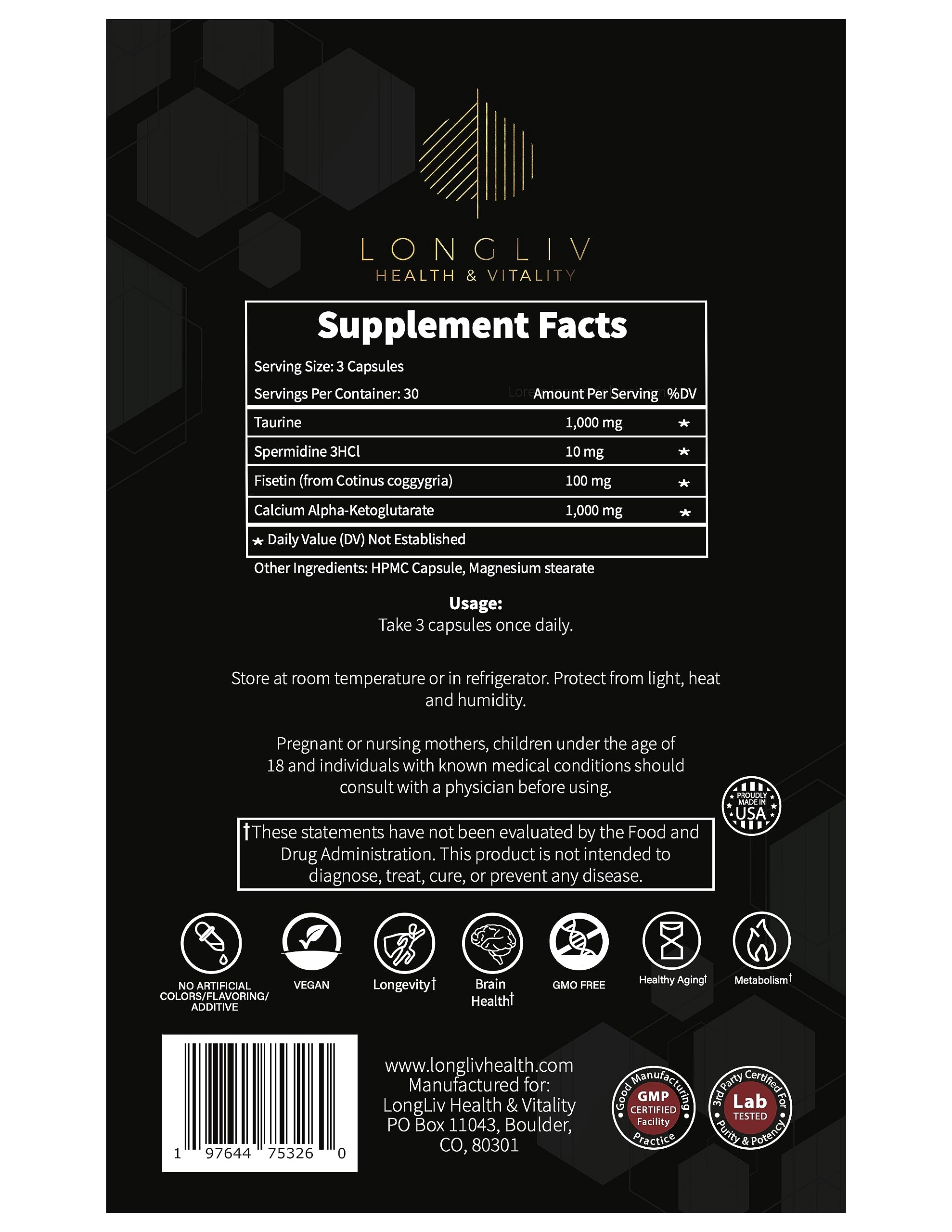 Longevity4Life - Ultimate Cellular Health Supplement - Fisetin, Taurine, Calcium Alpha-Ketoglutarate, and Spermidine Capsules for Longevity and Vitality - Made in USA - Physician Formulated LongLiv Health and Vitality buy supplements canada