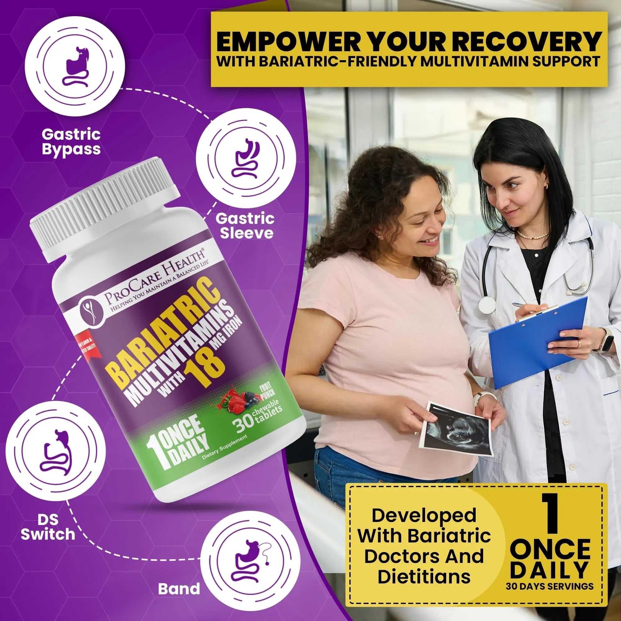 ProCare Health Bariatric Chewable Multivitamin with Iron 18mg (30 Tablets) - Fruit Punch Flavor Bariatric Multivitamin Chewable ProCare Health buy supplements canada