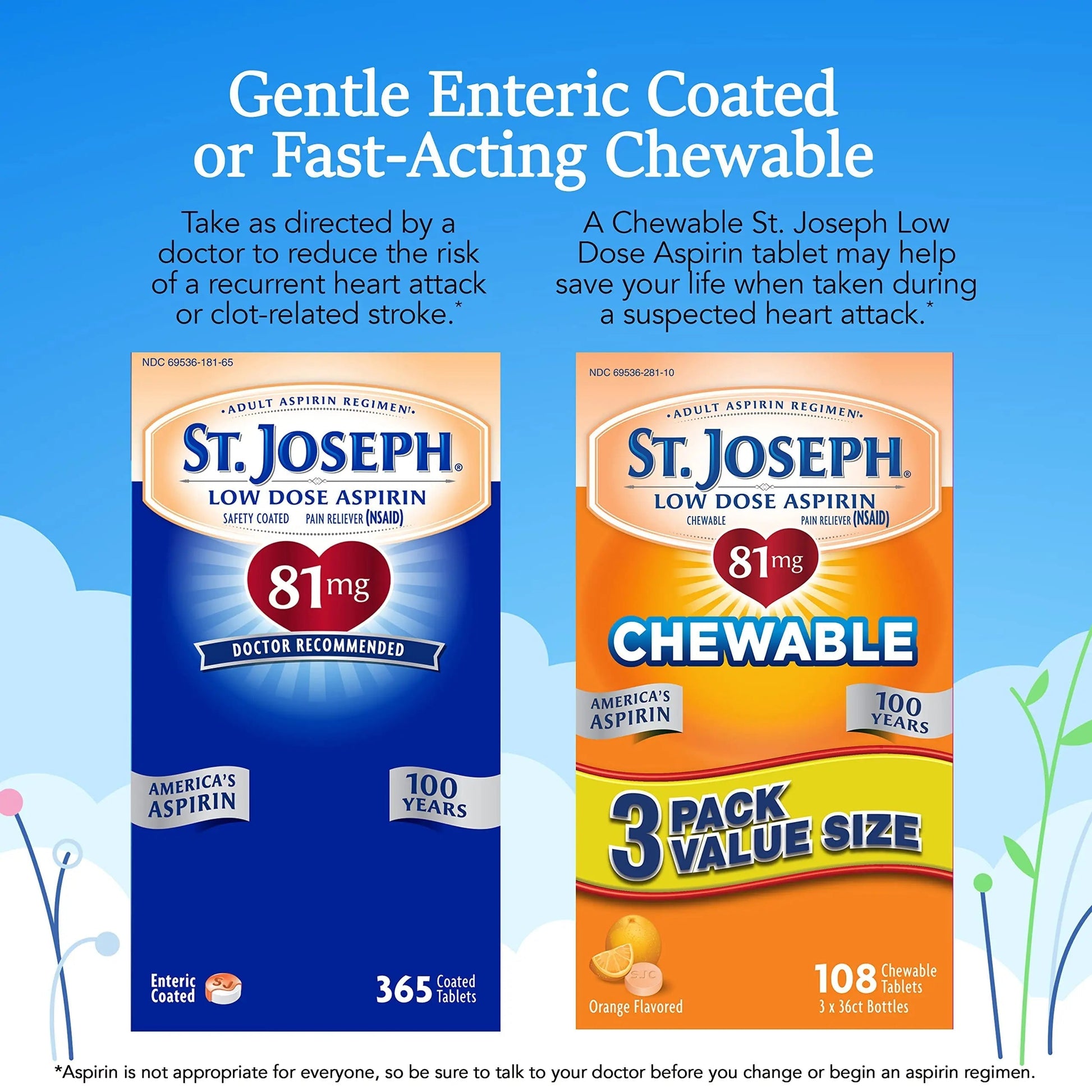 St. Joseph Aspirin Pain Reliever (NSAID) 81mg, Chewable Orange Tablets Adult Low Dose Regimen , 108 ct (3 x 36 ct Tablets per Bottle) St. Joseph buy supplements canada