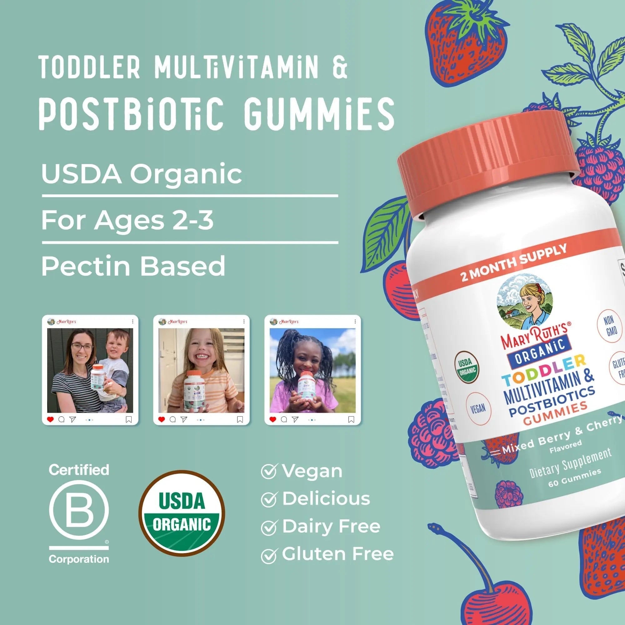 MaryRuth Organics Toddler Multivitamin Gummies + Postbiotics | USDA Organic | Vitamins for Kids Ages 2+ | Immune Support | Vitamin C | MaryRuth Organics buy supplements canada