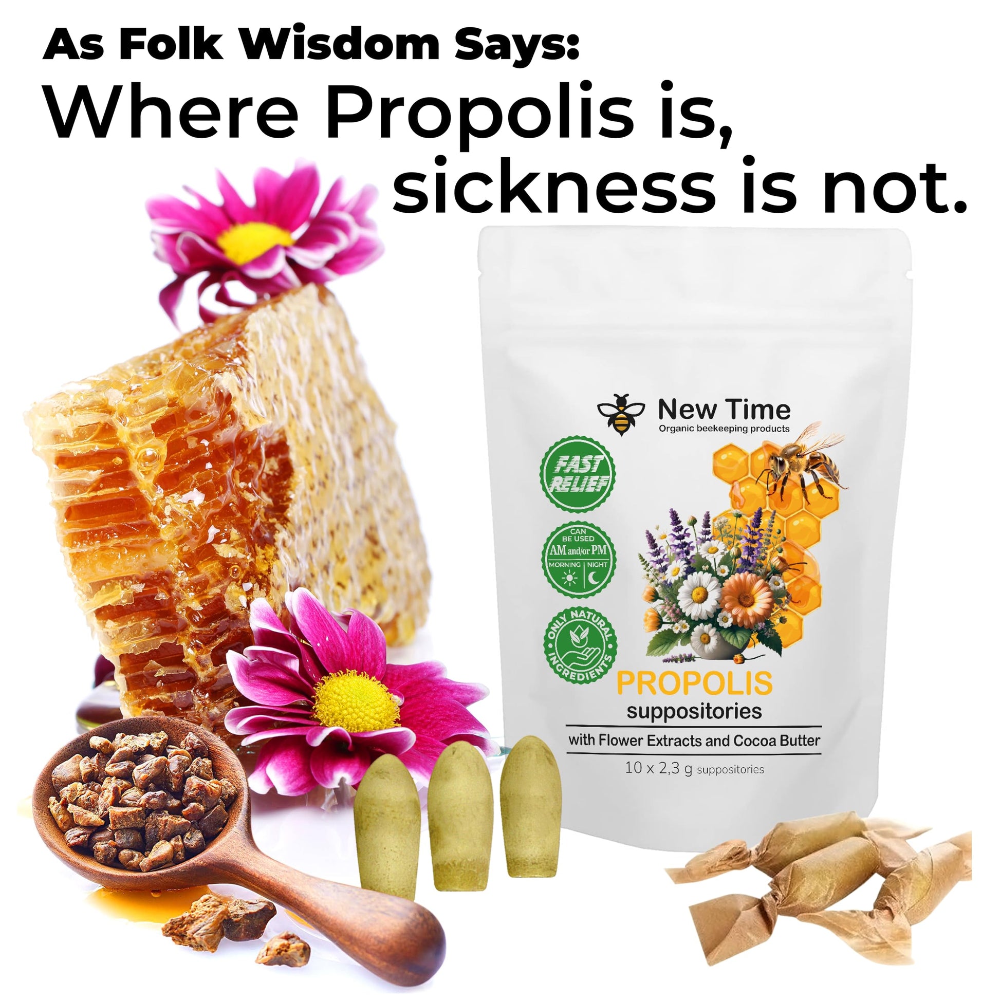 Organic Propolis Comfort Suppositories for Men, Women - Natural Bee & Botanical Formula, Gentle Daily Care 10 Count New Time Organic beekeeping products buy supplements canada
