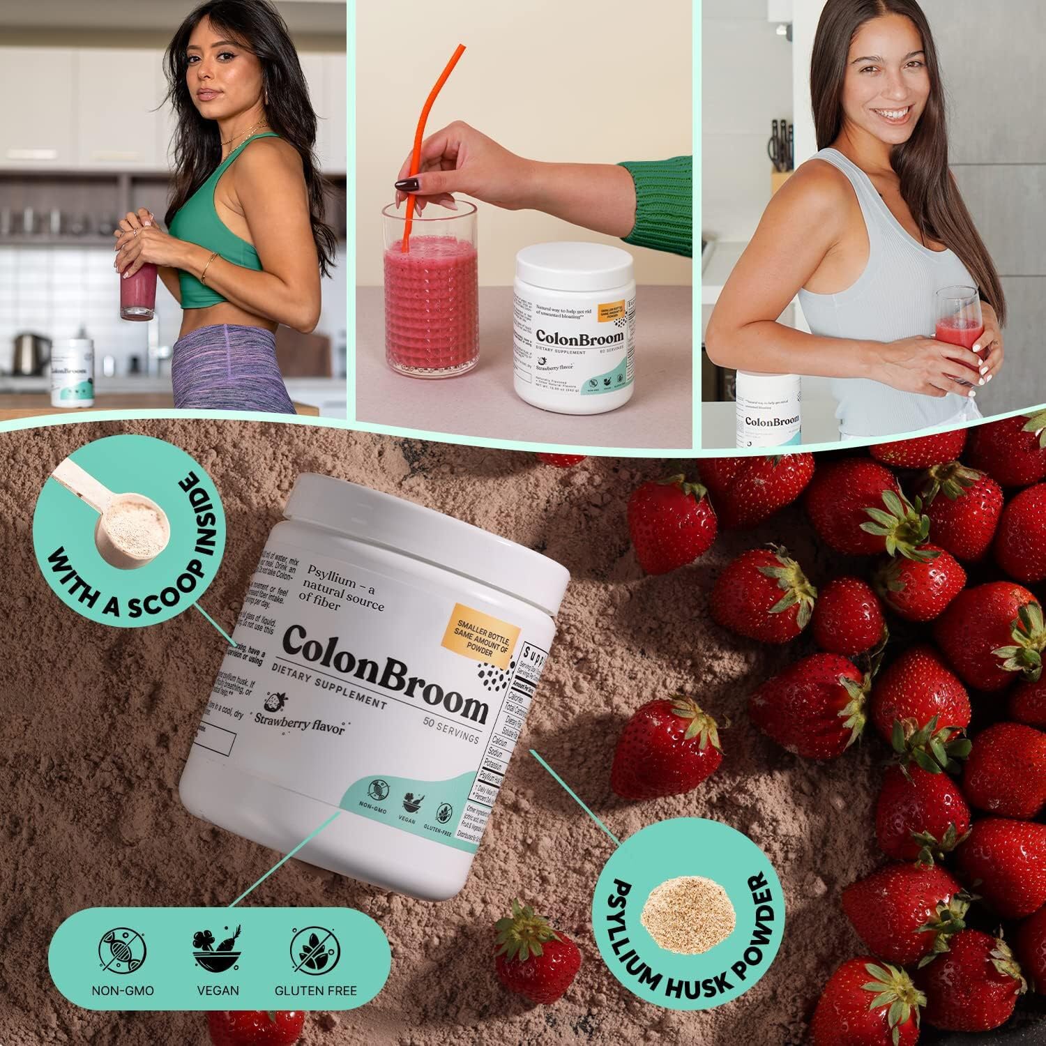 ColonBroom Psyllium Husk Powder (Strawberry) - Colon Cleanse for Bloating Relief & Gut Health - Colon Broom Fiber Powder Drink - Vegan, Gluten Free, Non-GMO Fiber Powder Supplement, 50 Servings ColonBroom buy supplements canada