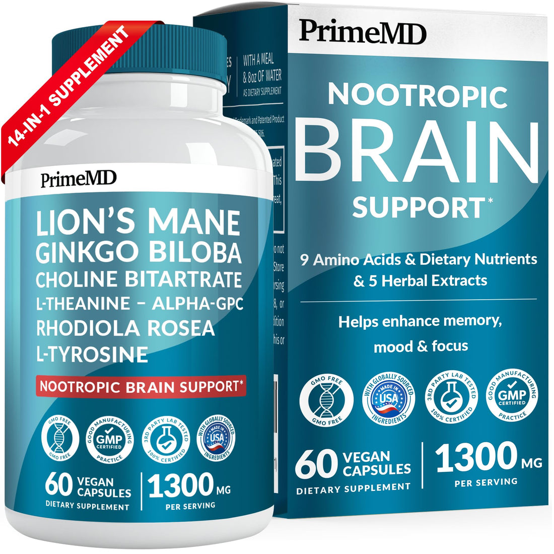 14-in-1 Lions Mane Supplement Capsules - Nootropic Brain Supplement with Ginkgo Biloba for Brain Support, Memory and Focus - Alpha GPC, L Theanine & Choline Supplements with 1300mg Per Serving (60 ct) PrimeMD buy supplements canada