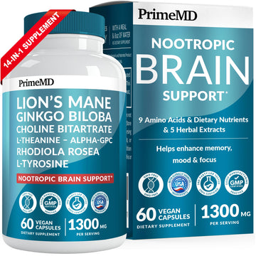 14-in-1 Lions Mane Supplement Capsules - Nootropic Brain Supplement with Ginkgo Biloba for Brain Support, Memory and Focus - Alpha GPC, L Theanine & Choline Supplements with 1300mg Per Serving (60 ct) PrimeMD buy supplements canada